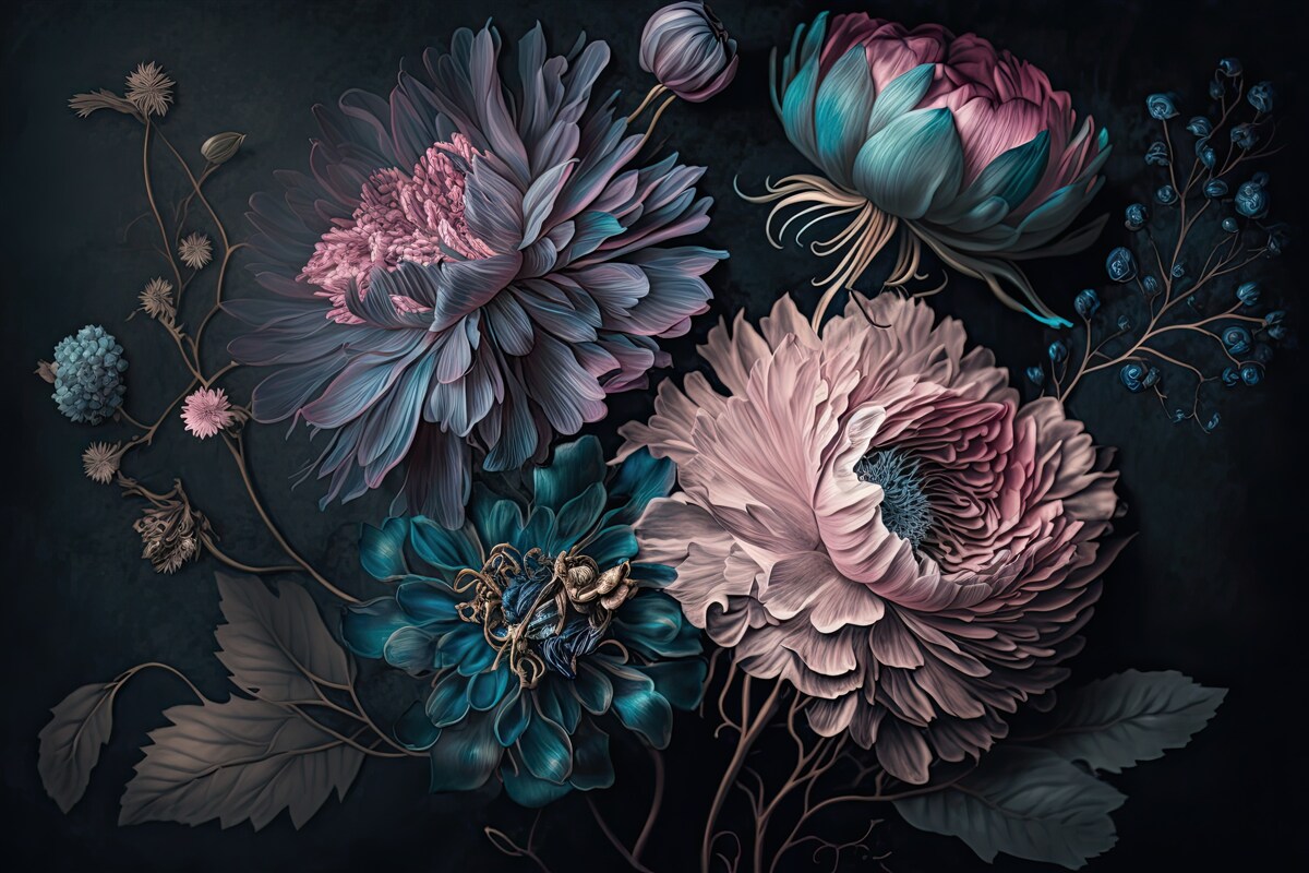 Carta da parati Fiori tropicali in fiore su sfondo scuro