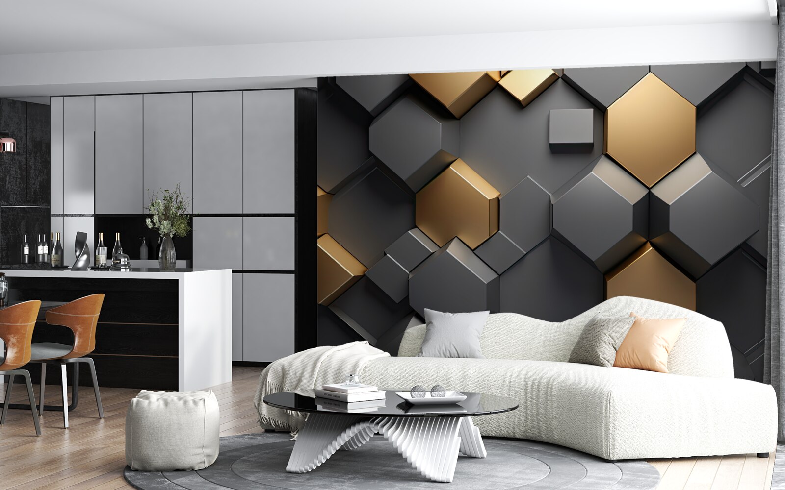 Carta da parati forme geometriche in nero e oro