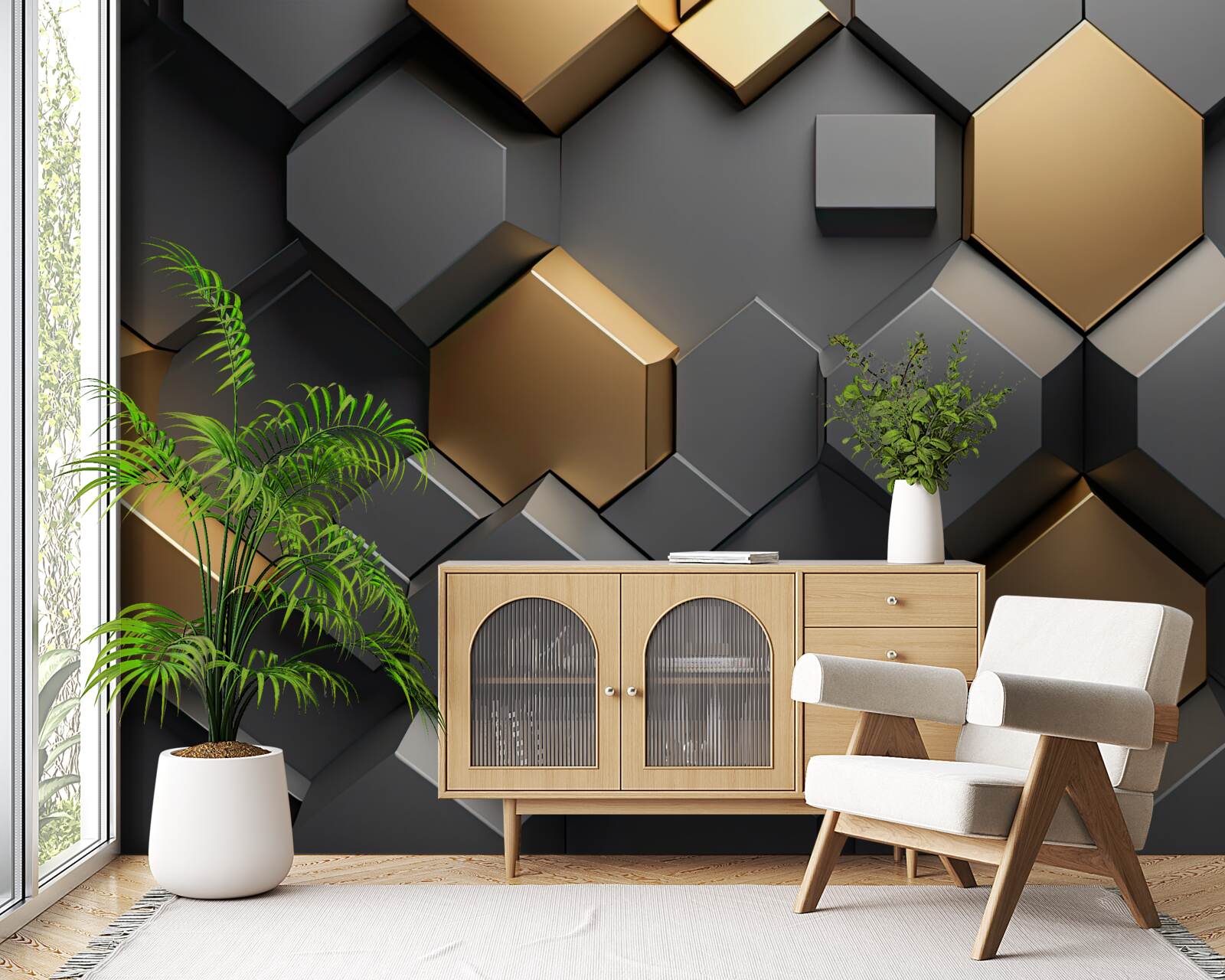Carta da parati forme geometriche in nero e oro