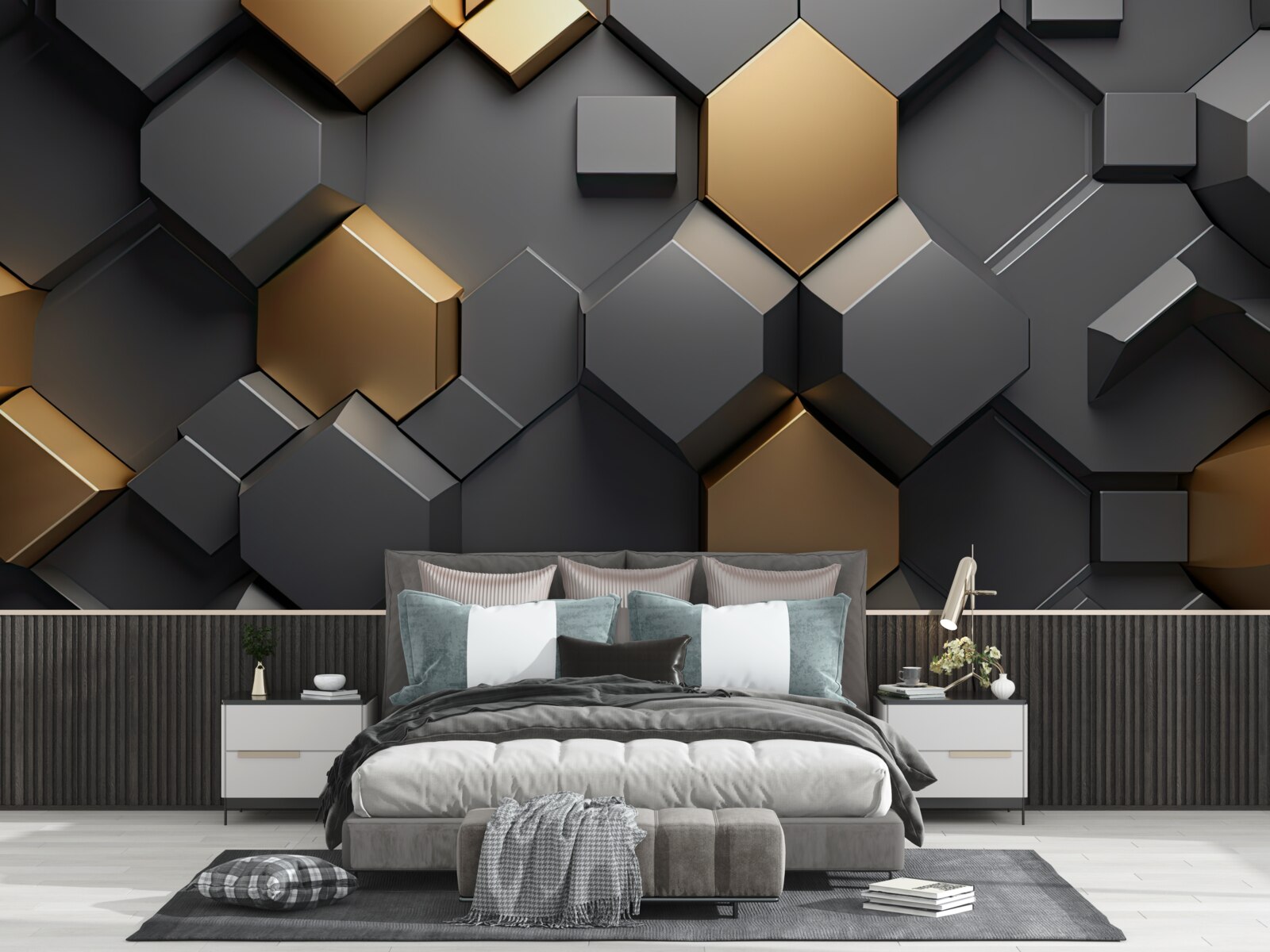 Carta da parati forme geometriche in nero e oro