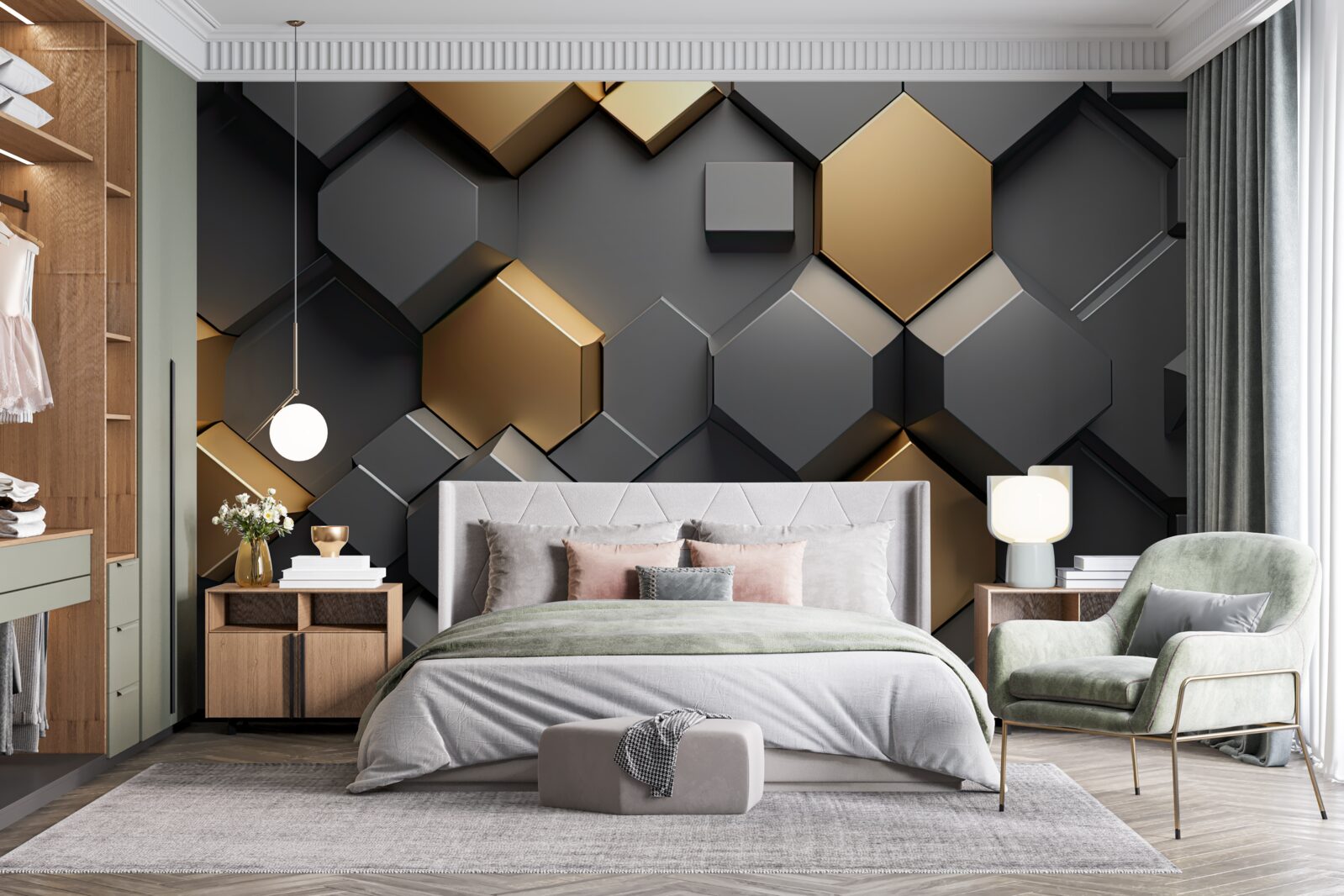 Carta da parati forme geometriche in nero e oro