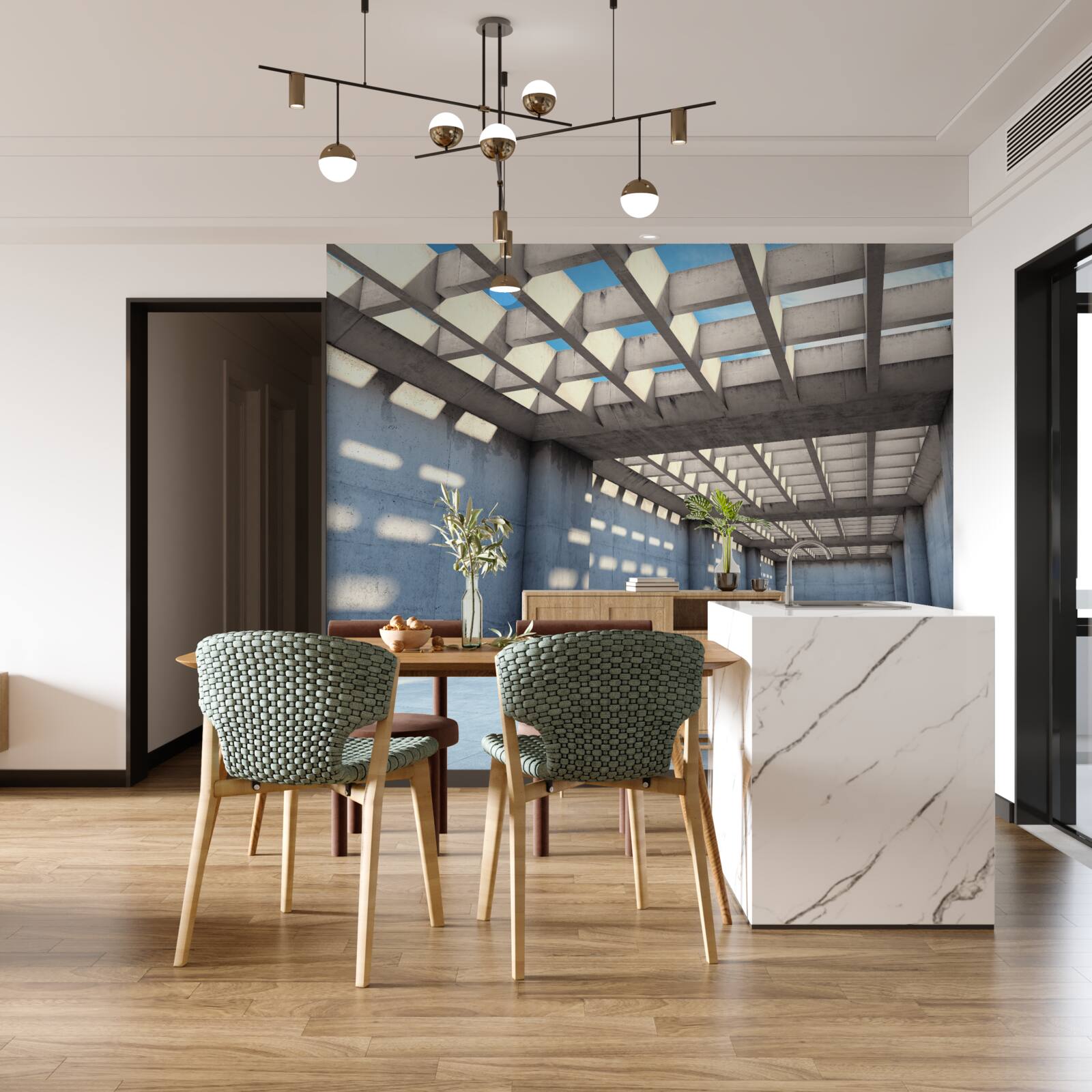 Carta da parati corridoio inondato di luce con soffitto in legno trasparente