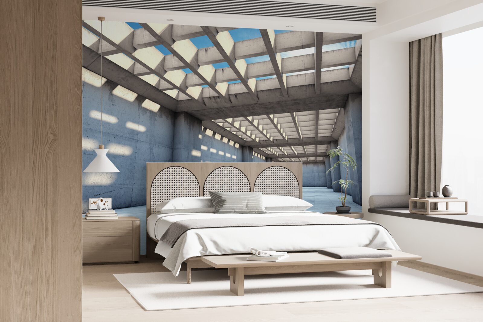 Carta da parati corridoio inondato di luce con soffitto in legno trasparente