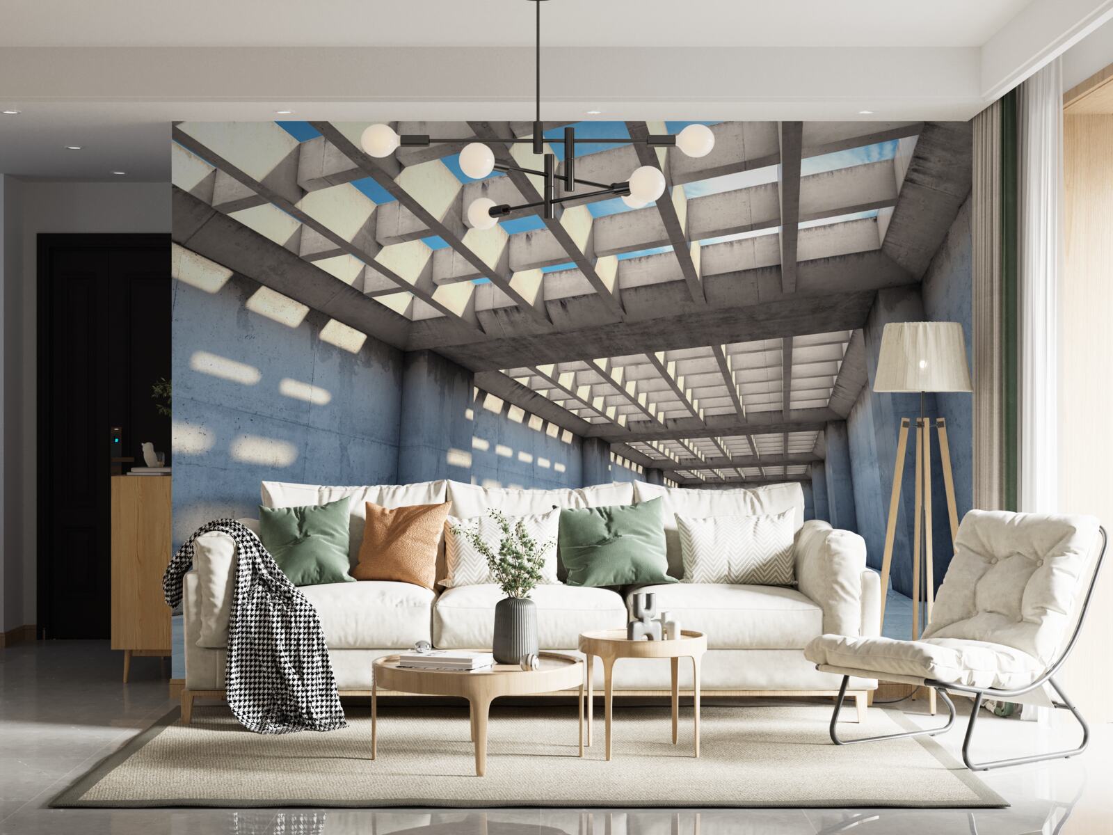 Carta da parati corridoio inondato di luce con soffitto in legno trasparente