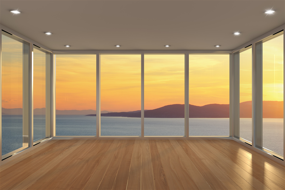 Carta da parati paesaggio incredibilmente bello di tramonto e mare dalle finestre panoramiche