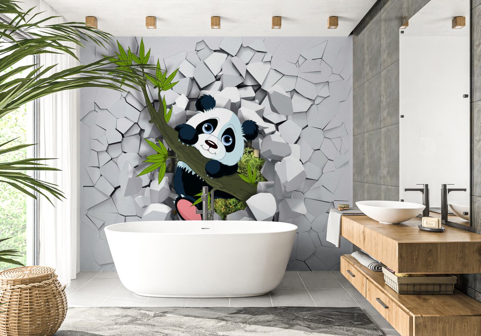 Carta da parati il panda si affaccia con cautela dal muro di mattoni in rovina