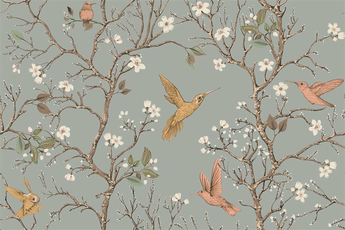 Carta da parati albero in fiore e colibrì