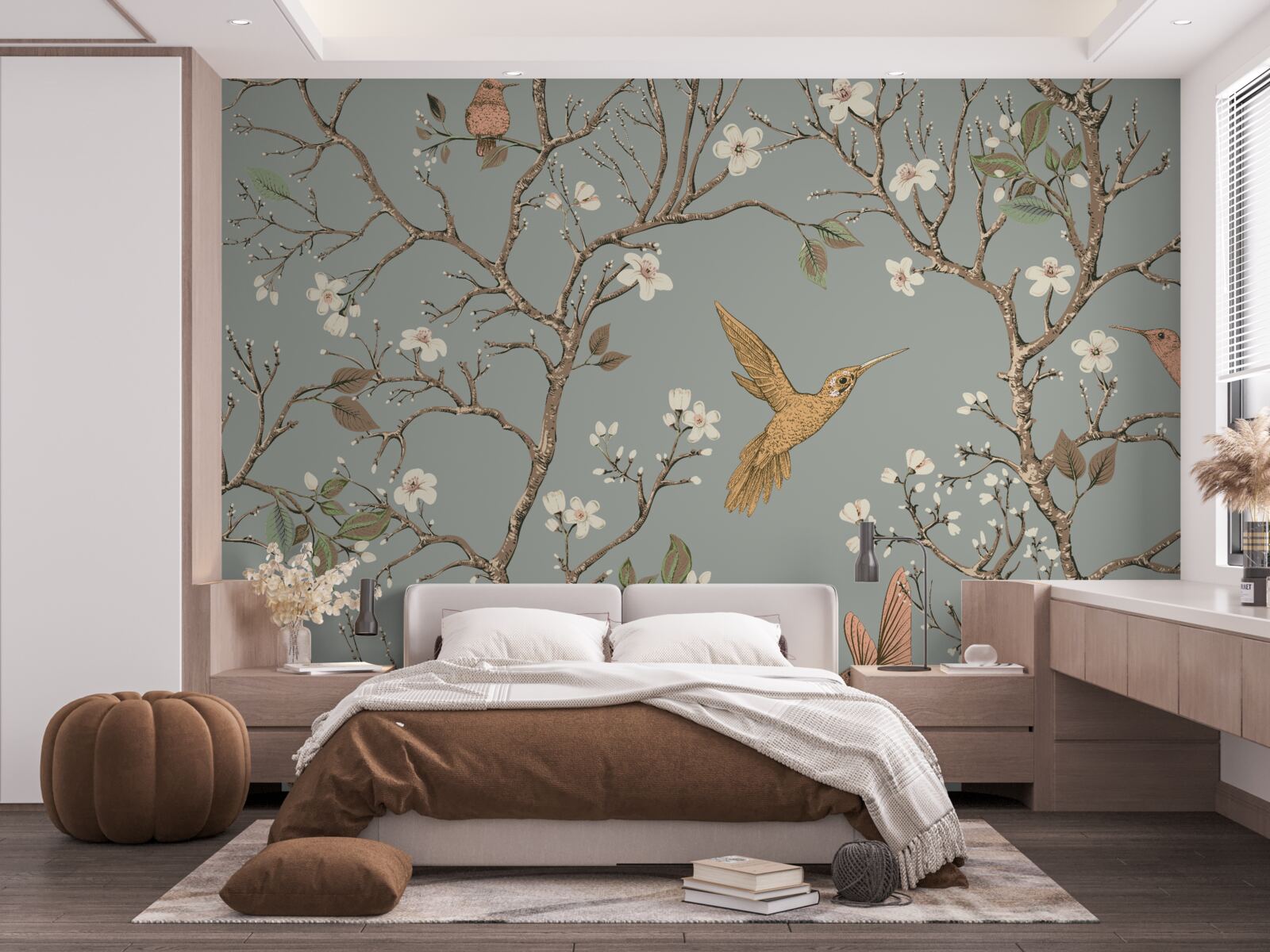 Carta da parati albero in fiore e colibrì