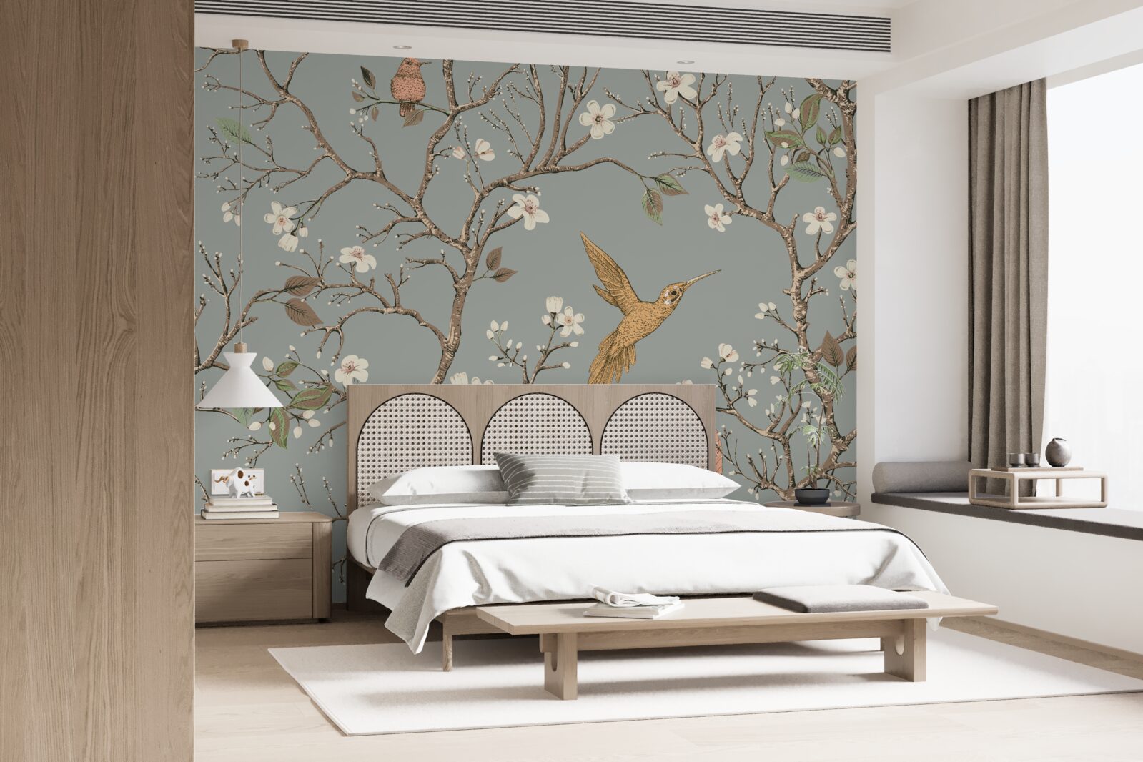 Carta da parati albero in fiore e colibrì