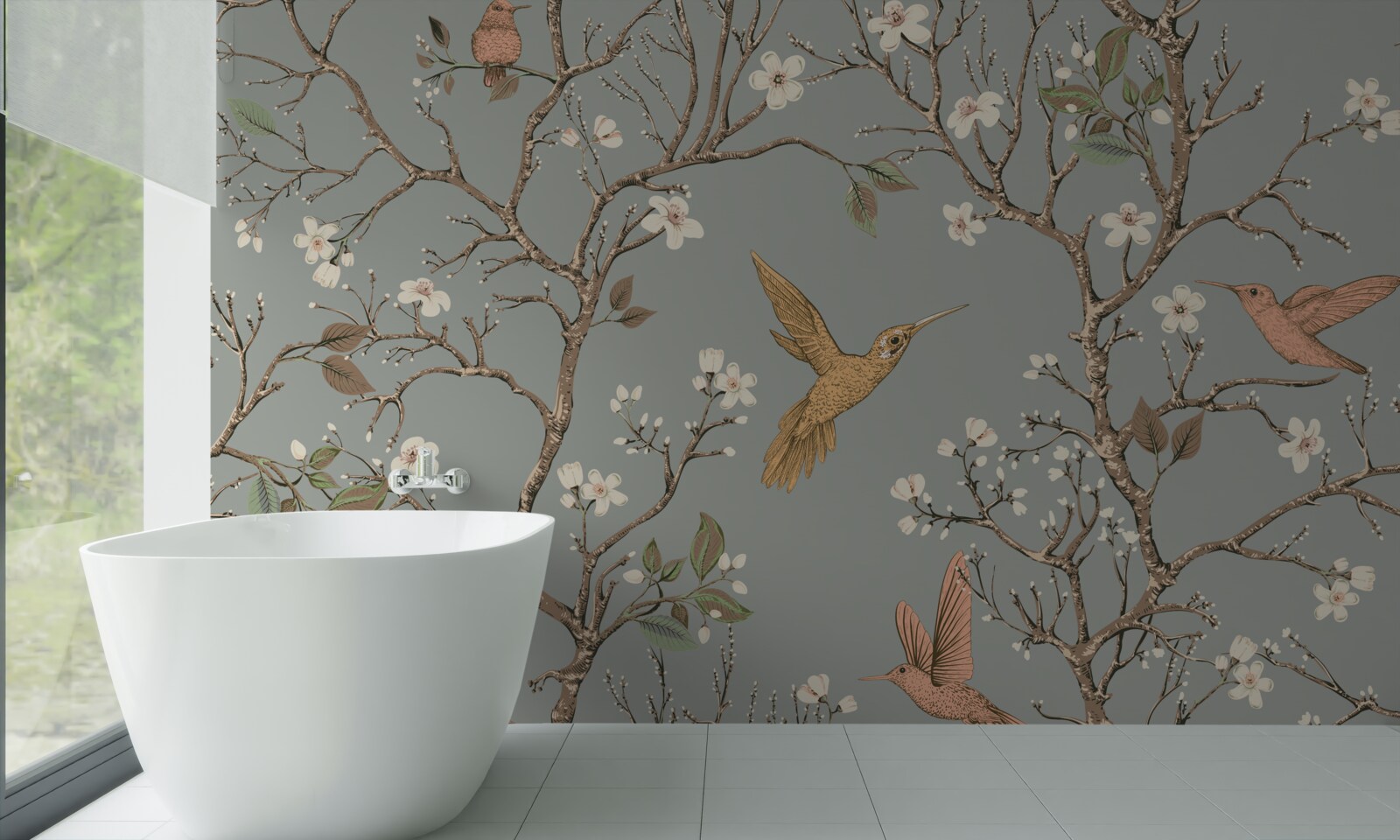 Carta da parati albero in fiore e colibrì