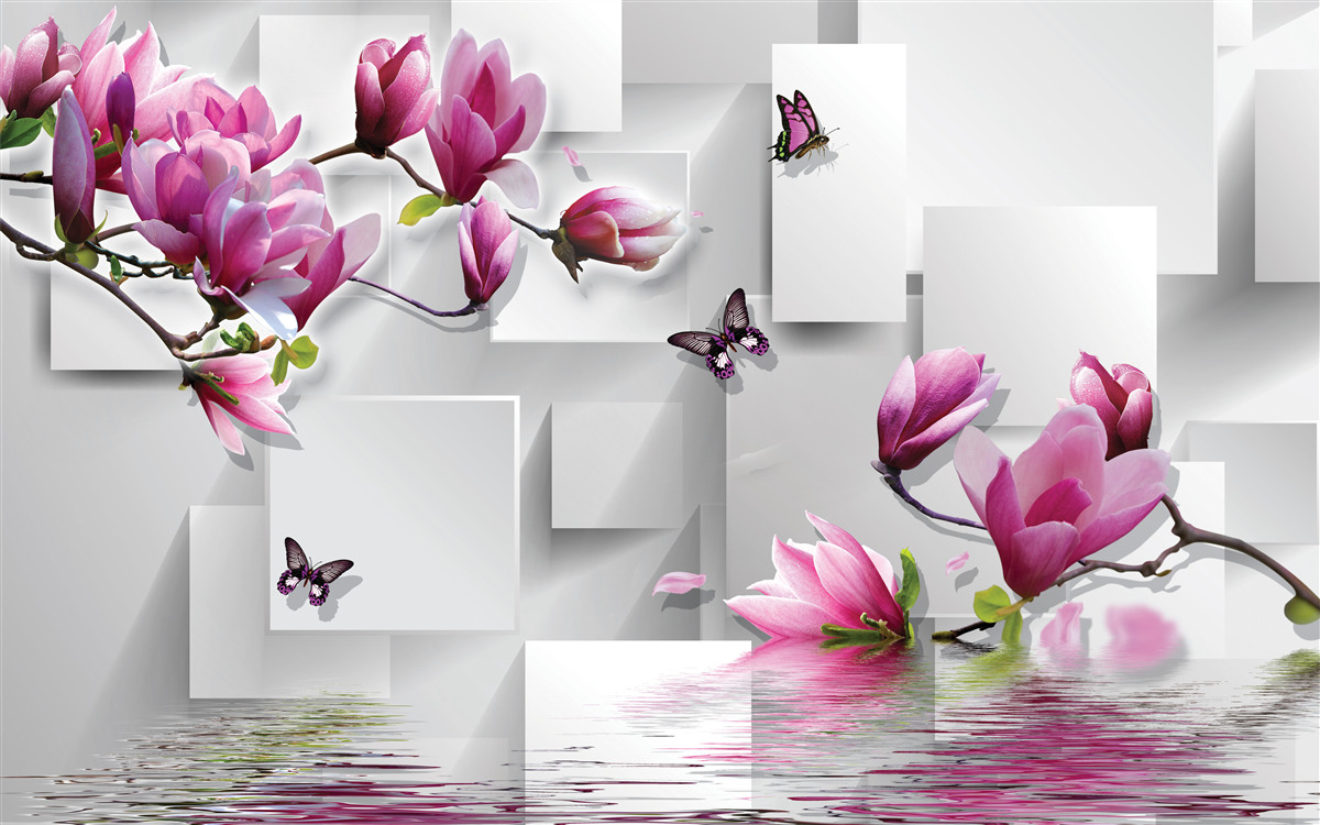 Carta da parati magnolie viola che sfiorano l'acqua