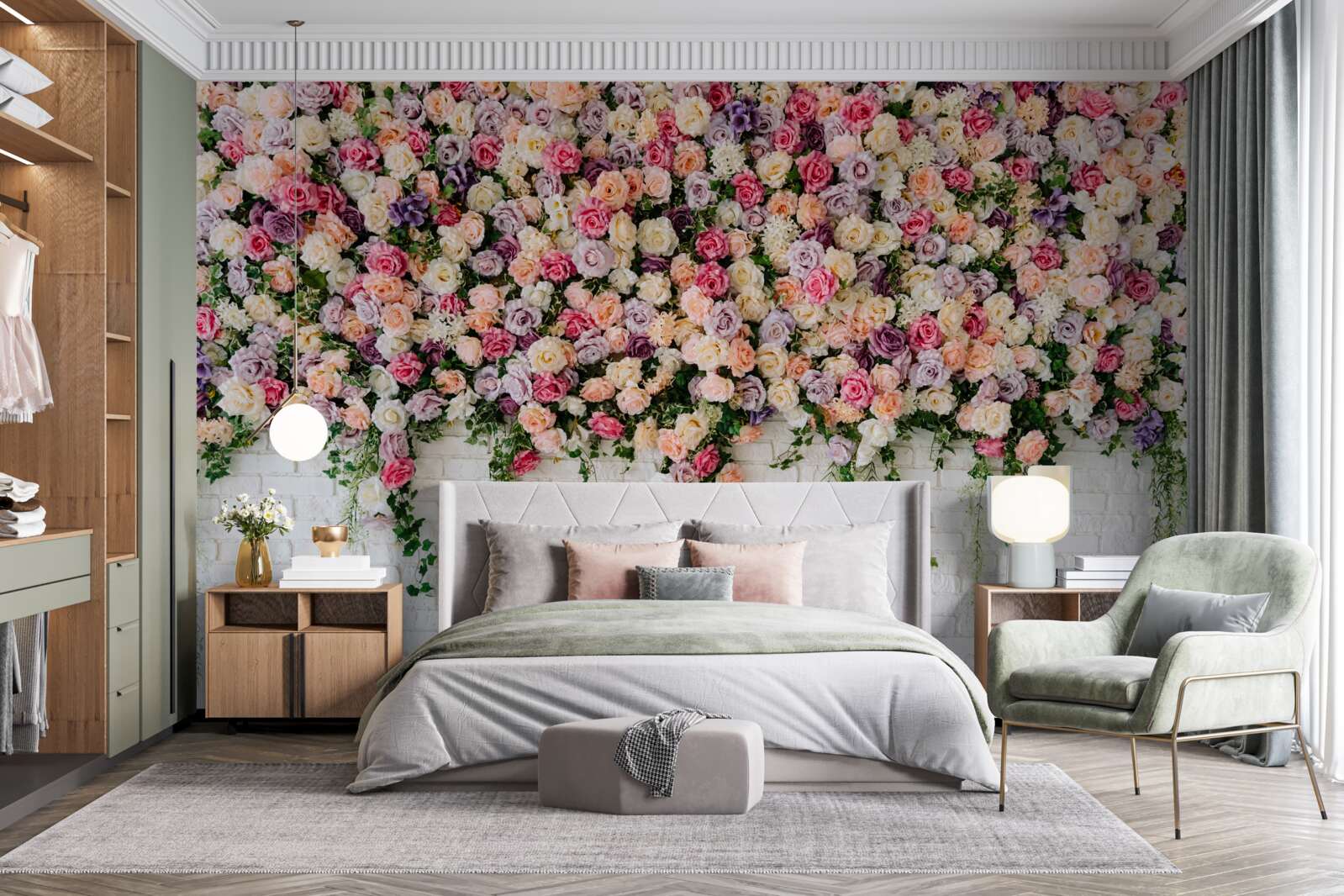 Carta da parati Parete in mattoni decorata con fiori di cespuglio di rose