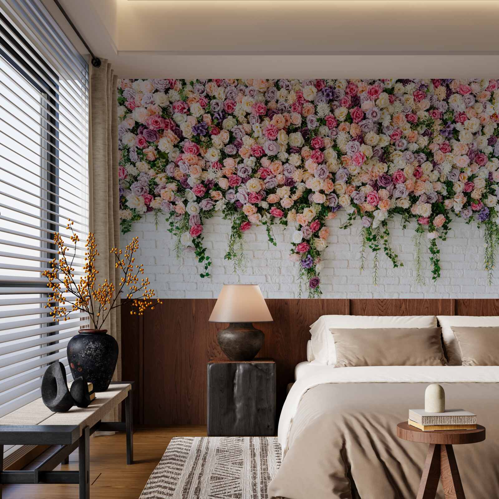 Carta da parati Parete in mattoni decorata con fiori di cespuglio di rose