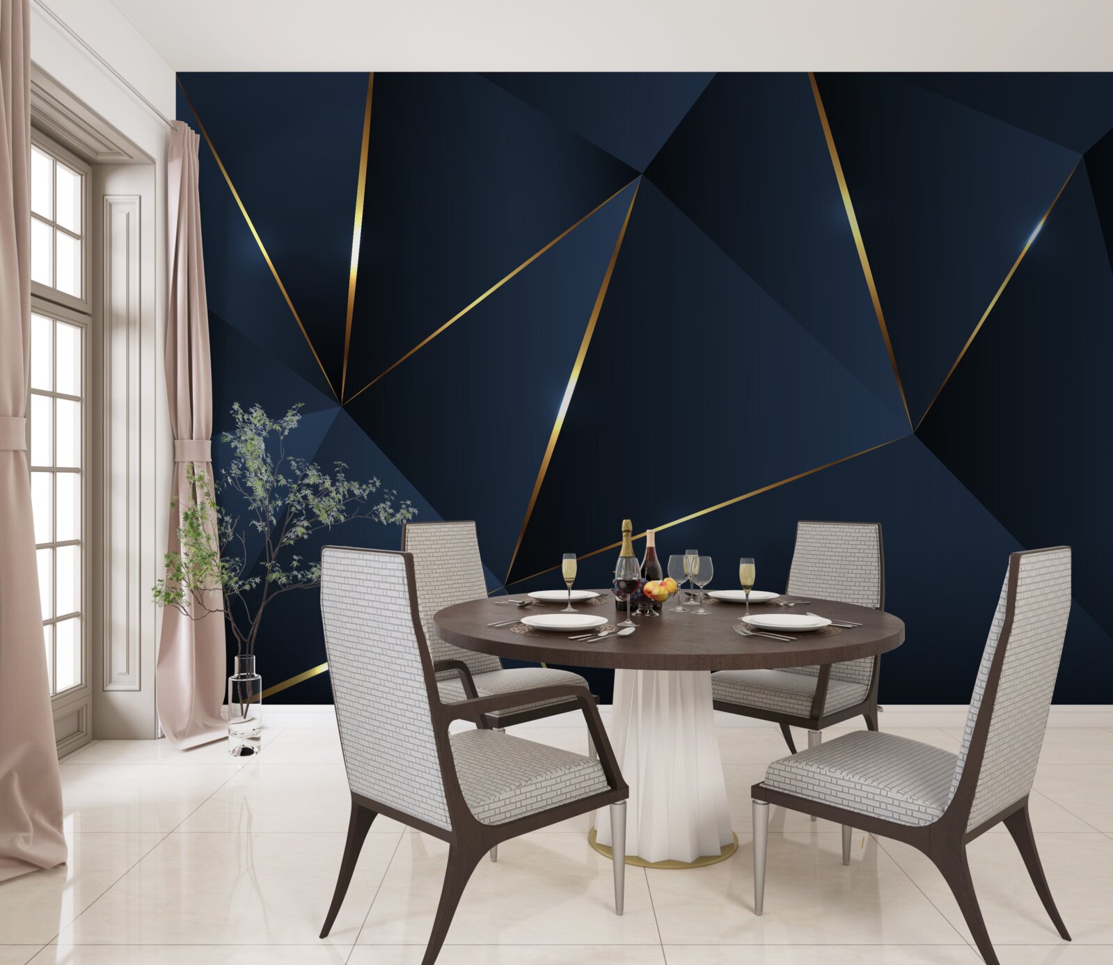 Carta da parati i triangoli sono blu scuro con bordi dorati