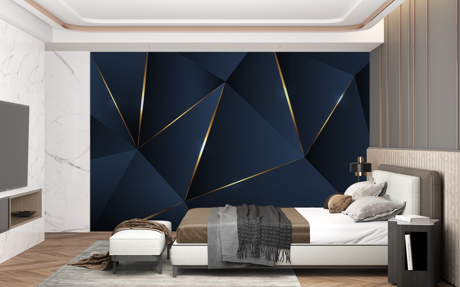 Carta da parati i triangoli sono blu scuro con bordi dorati