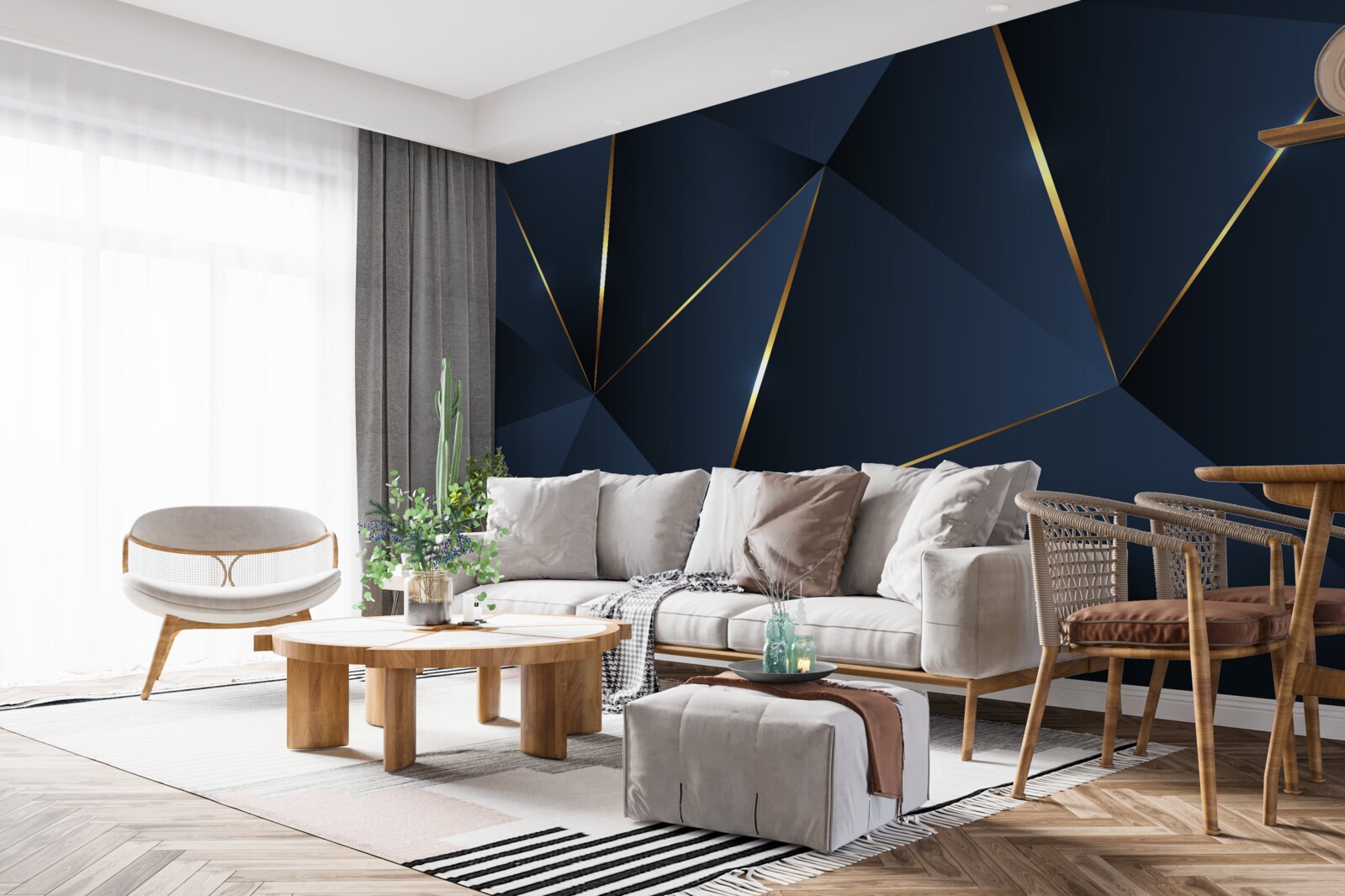 Carta da parati i triangoli sono blu scuro con bordi dorati