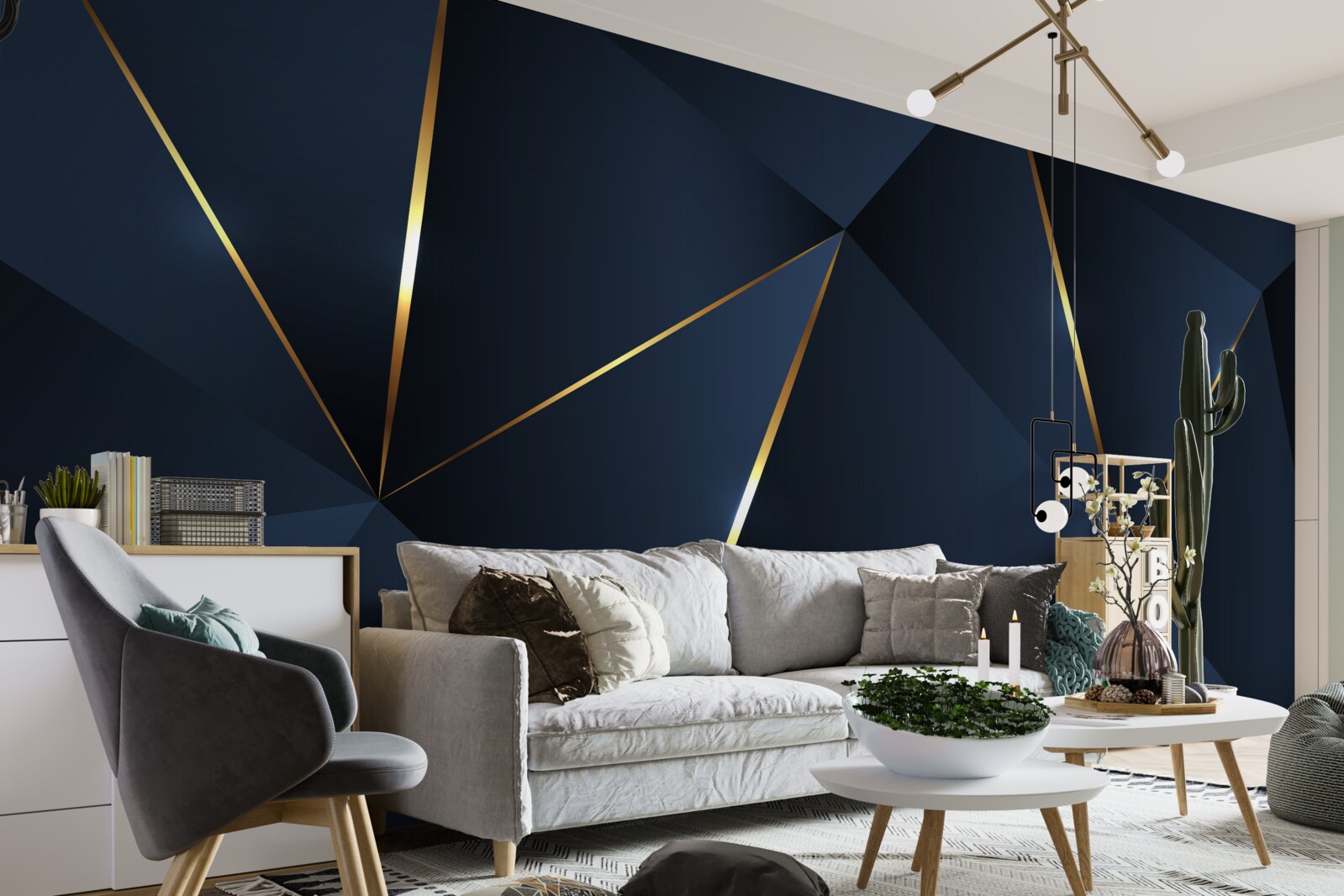 Carta da parati i triangoli sono blu scuro con bordi dorati