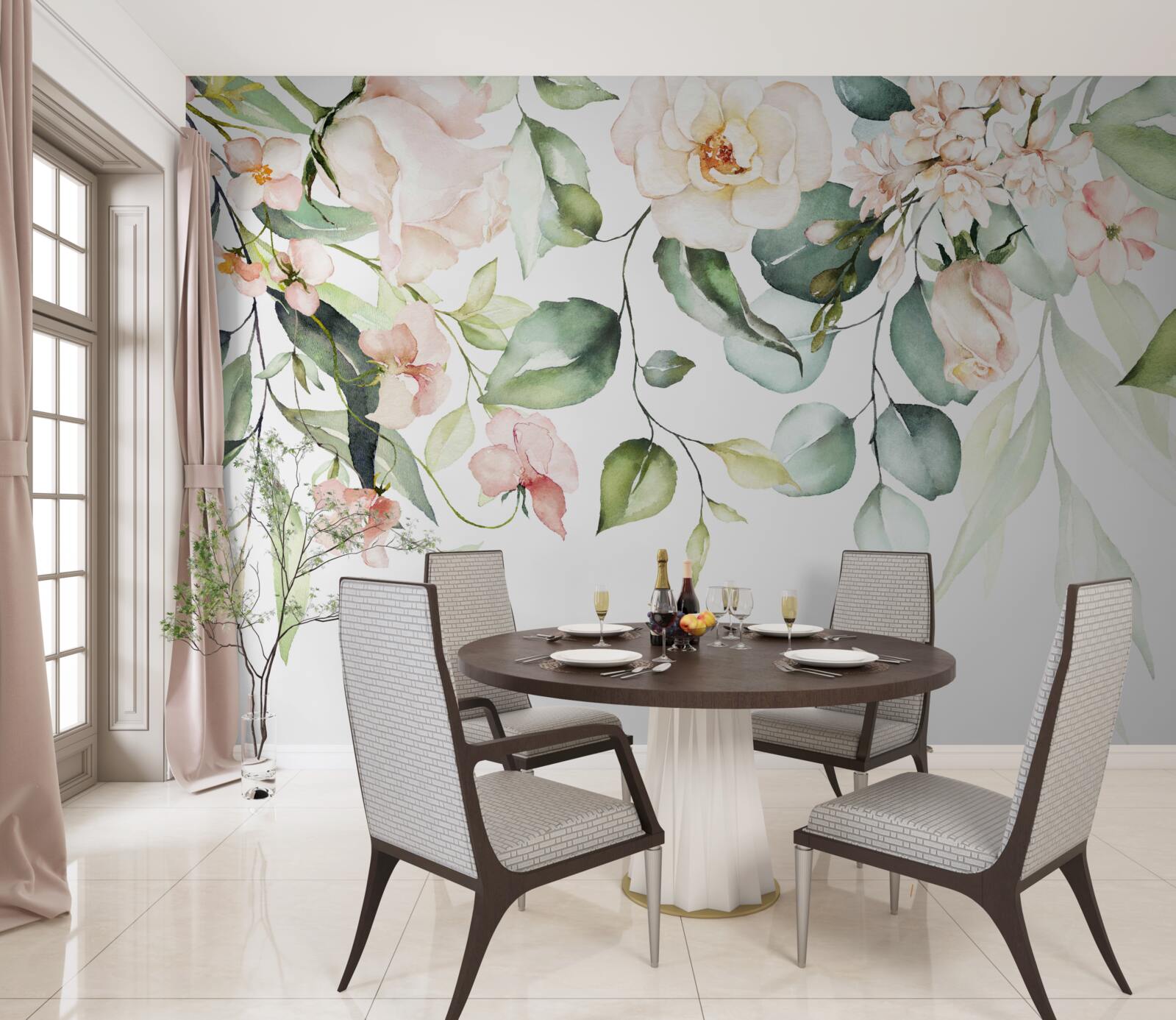 Carta da parati fiori tropicali con foglie in tonalità verde