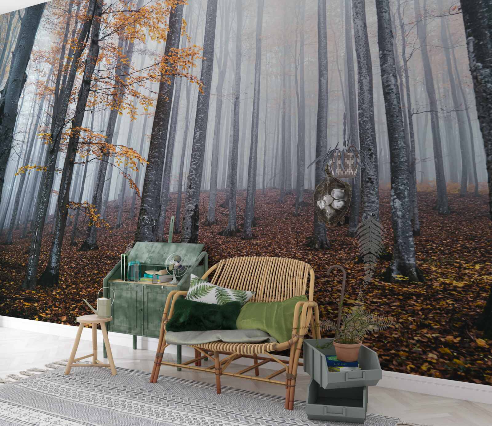 Carta da parati nebbia in una graziosa foresta autunnale