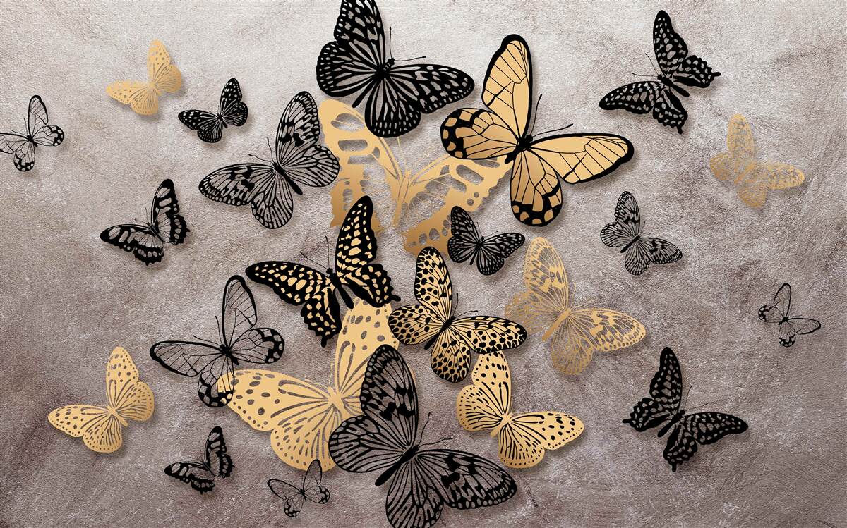 Carta da parati farfalle dorate e nere si alzano in volo