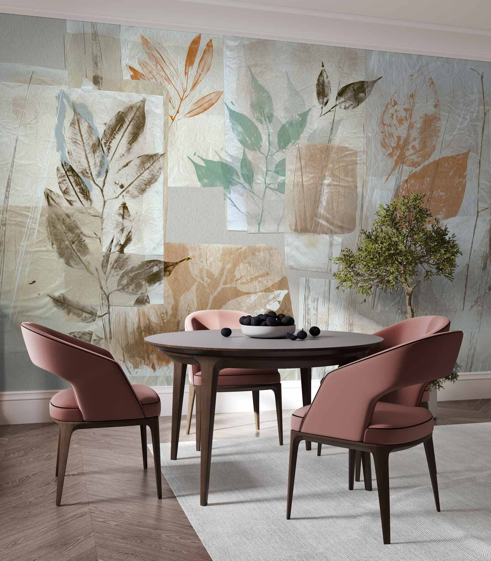 Carta da parati rivelare fiori e foglie attraverso la pittura