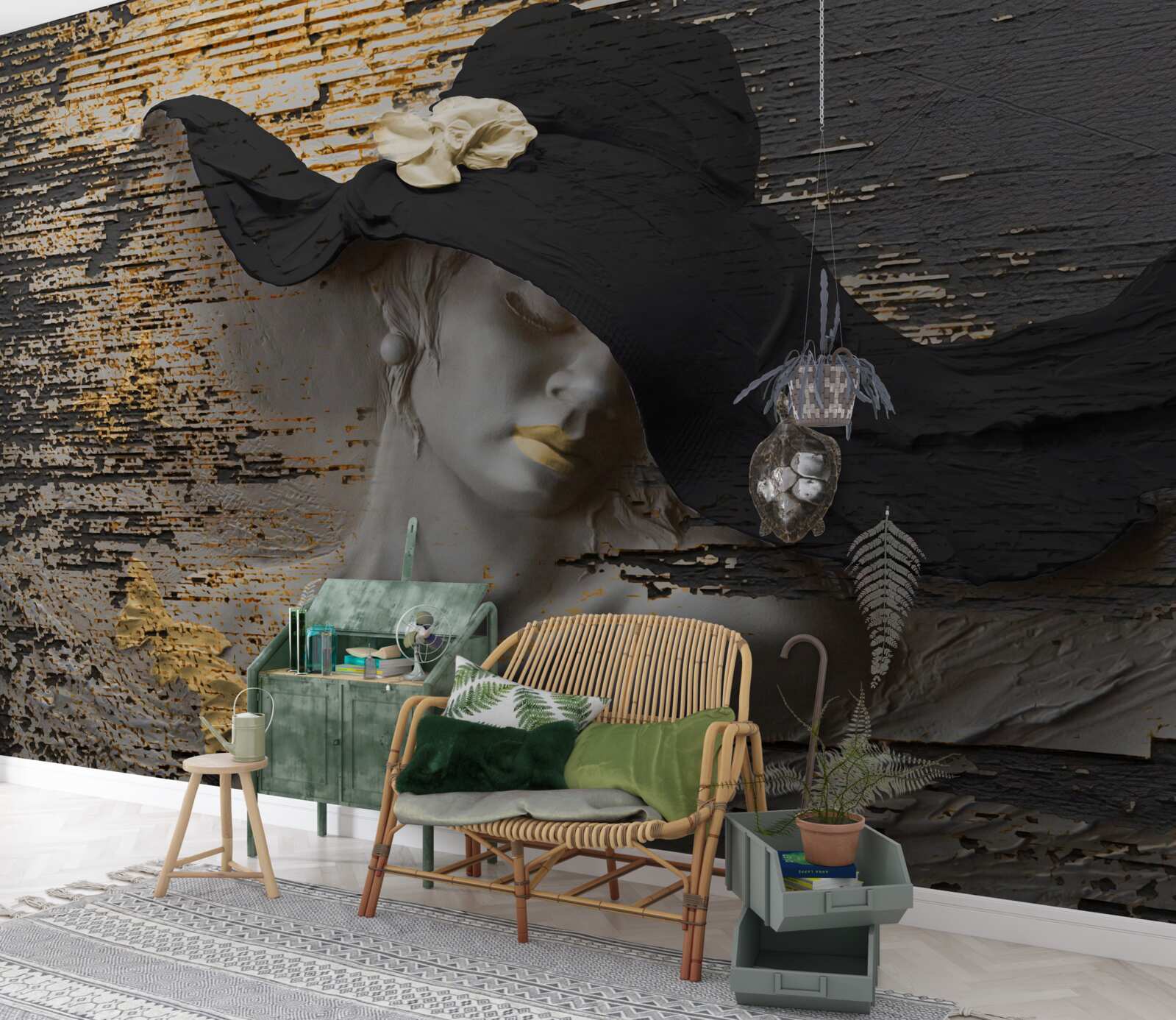 Carta da parati donna con fiori nel cappello