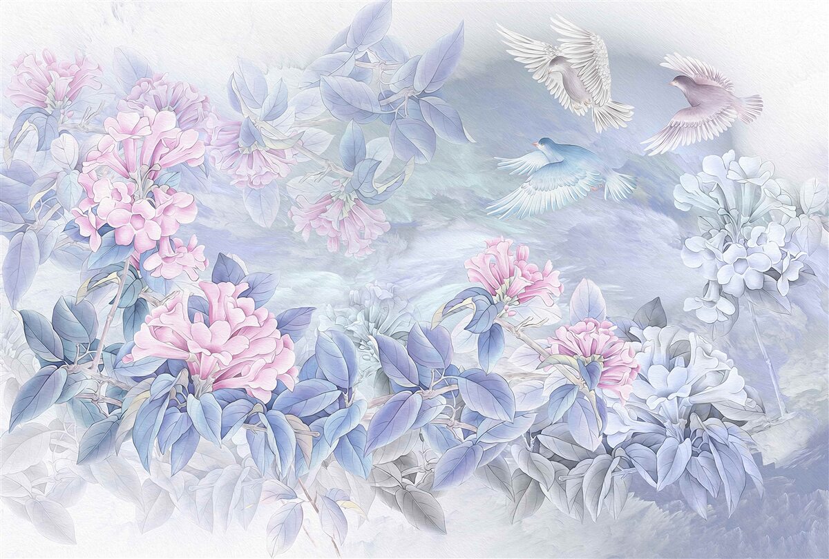 Carta da parati i rami sono blu, sormontati da fiori rosa