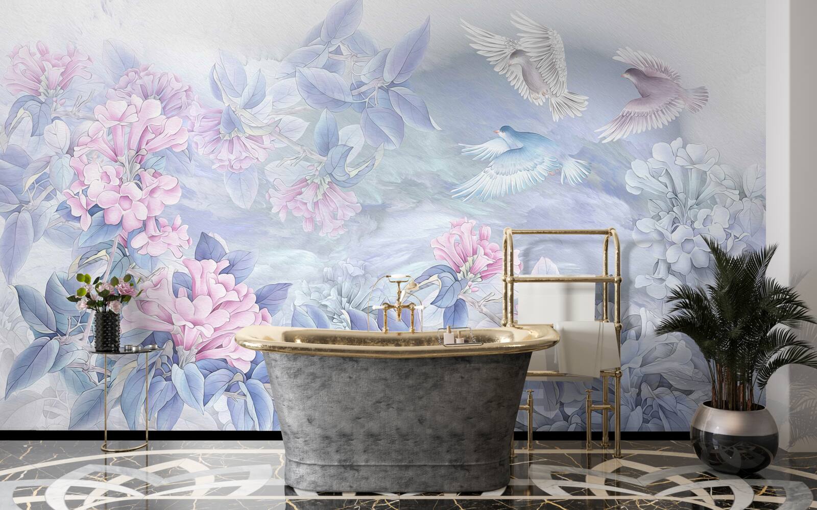 Carta da parati i rami sono blu, sormontati da fiori rosa