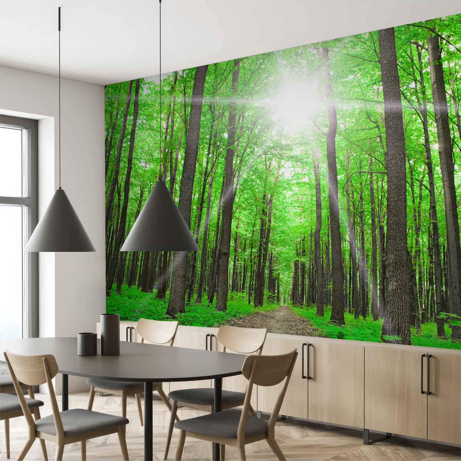 Carta da parati lucernario luminoso nel verde fitto degli alberi