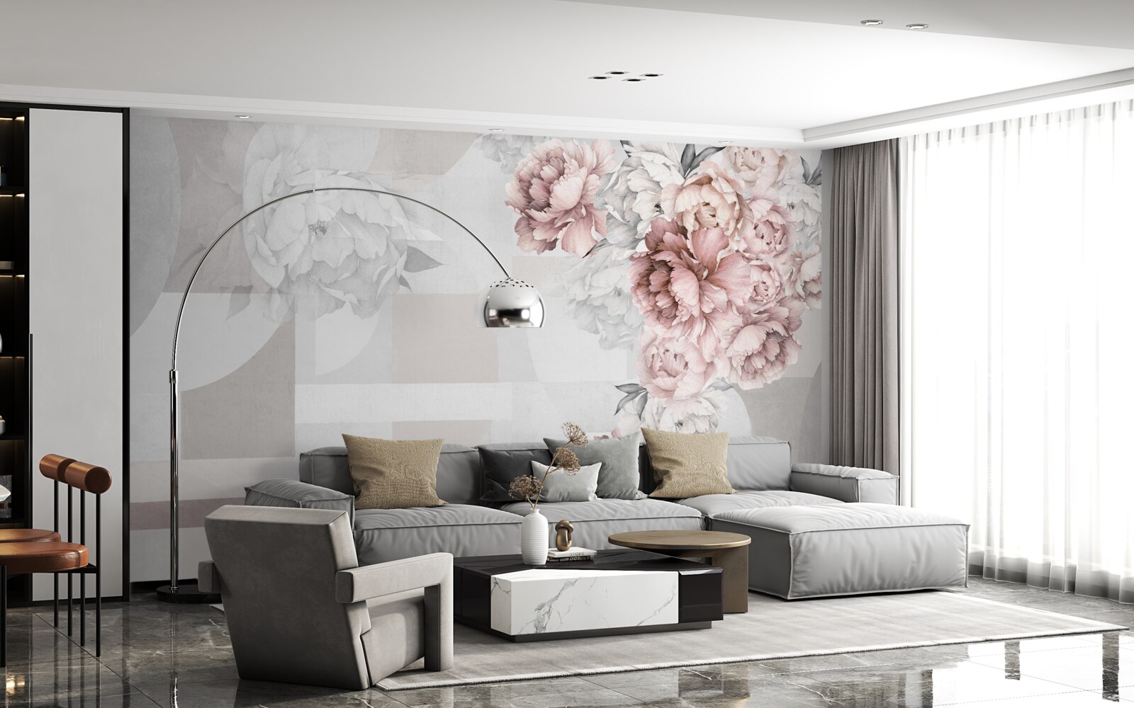 Carta da parati grandi fiori su sfondo grigio