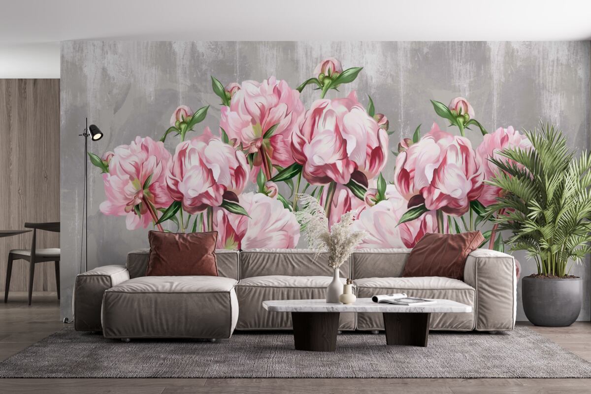 Carta da parati tempo di pioggia e peonie rosa