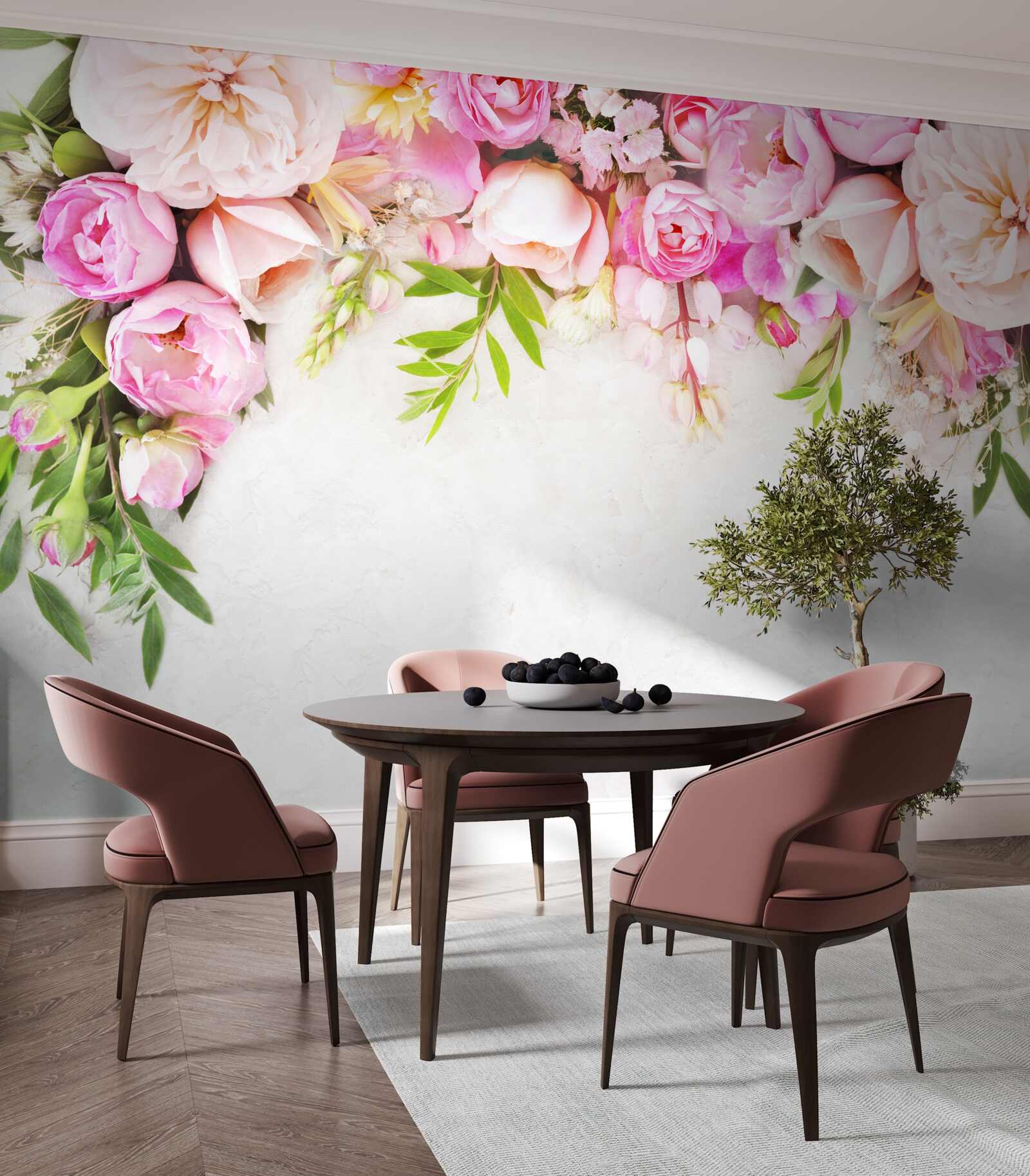 Carta da parati ramo con fiori bianchi e rosa