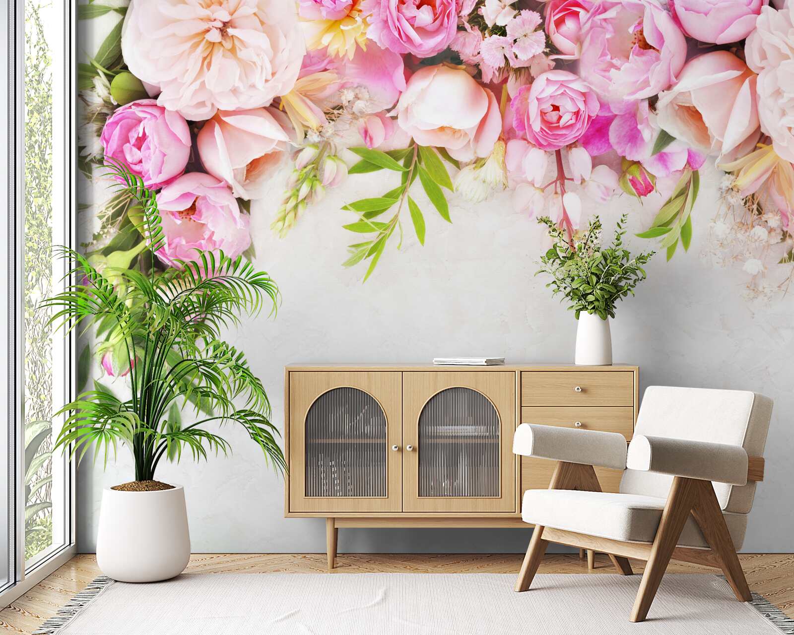 Carta da parati ramo con fiori bianchi e rosa
