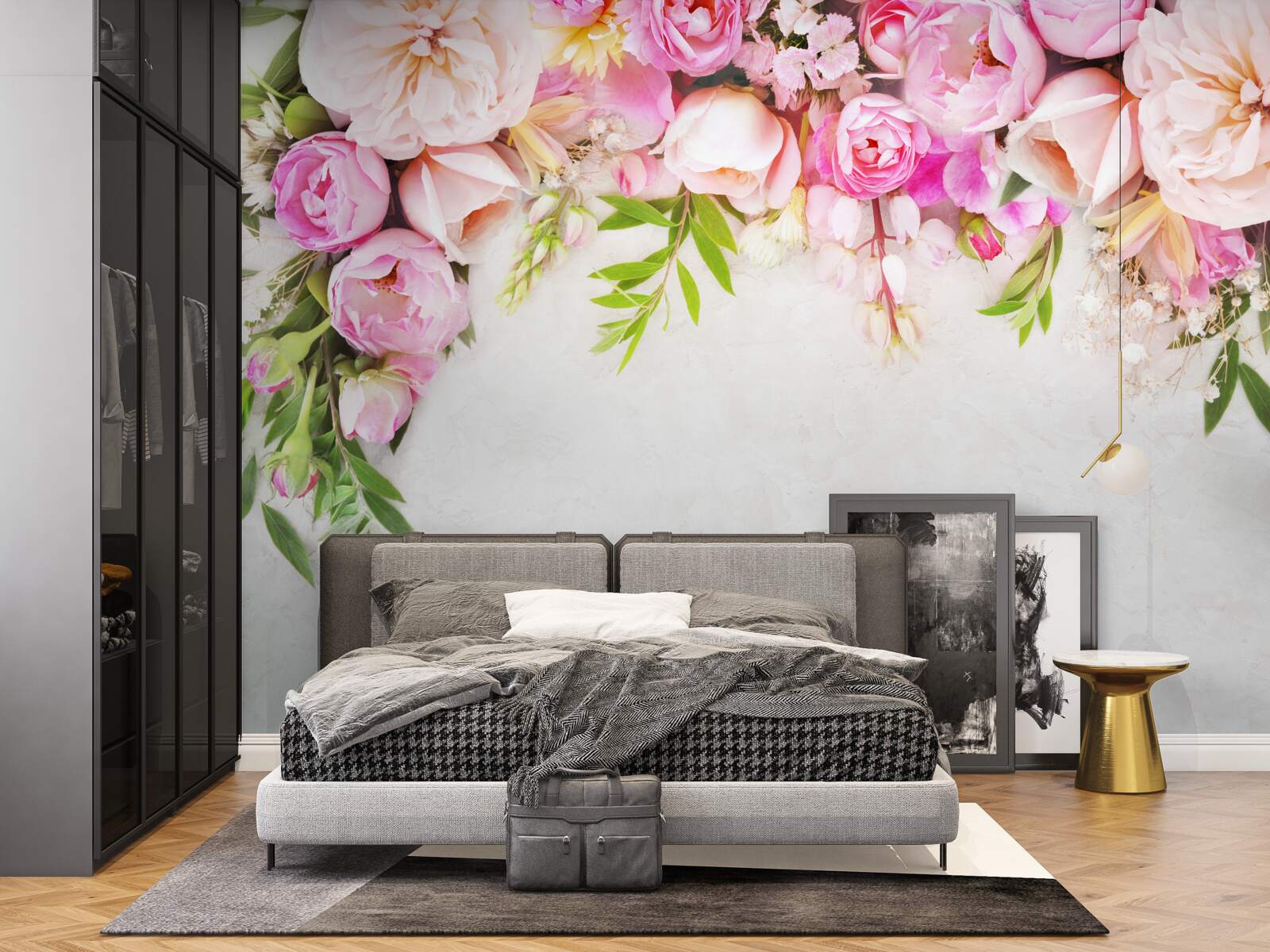 Carta da parati ramo con fiori bianchi e rosa