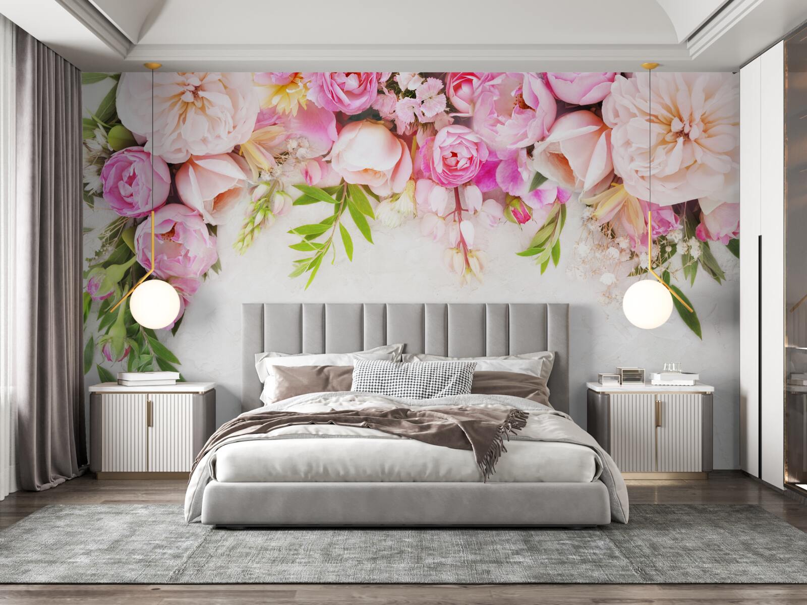 Carta da parati ramo con fiori bianchi e rosa
