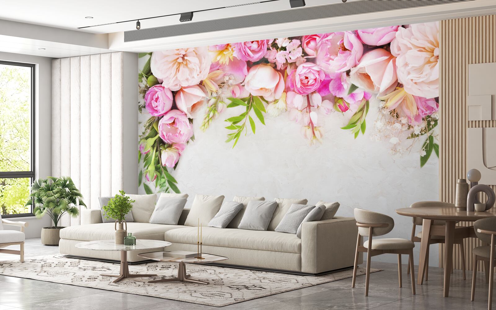 Carta da parati ramo con fiori bianchi e rosa