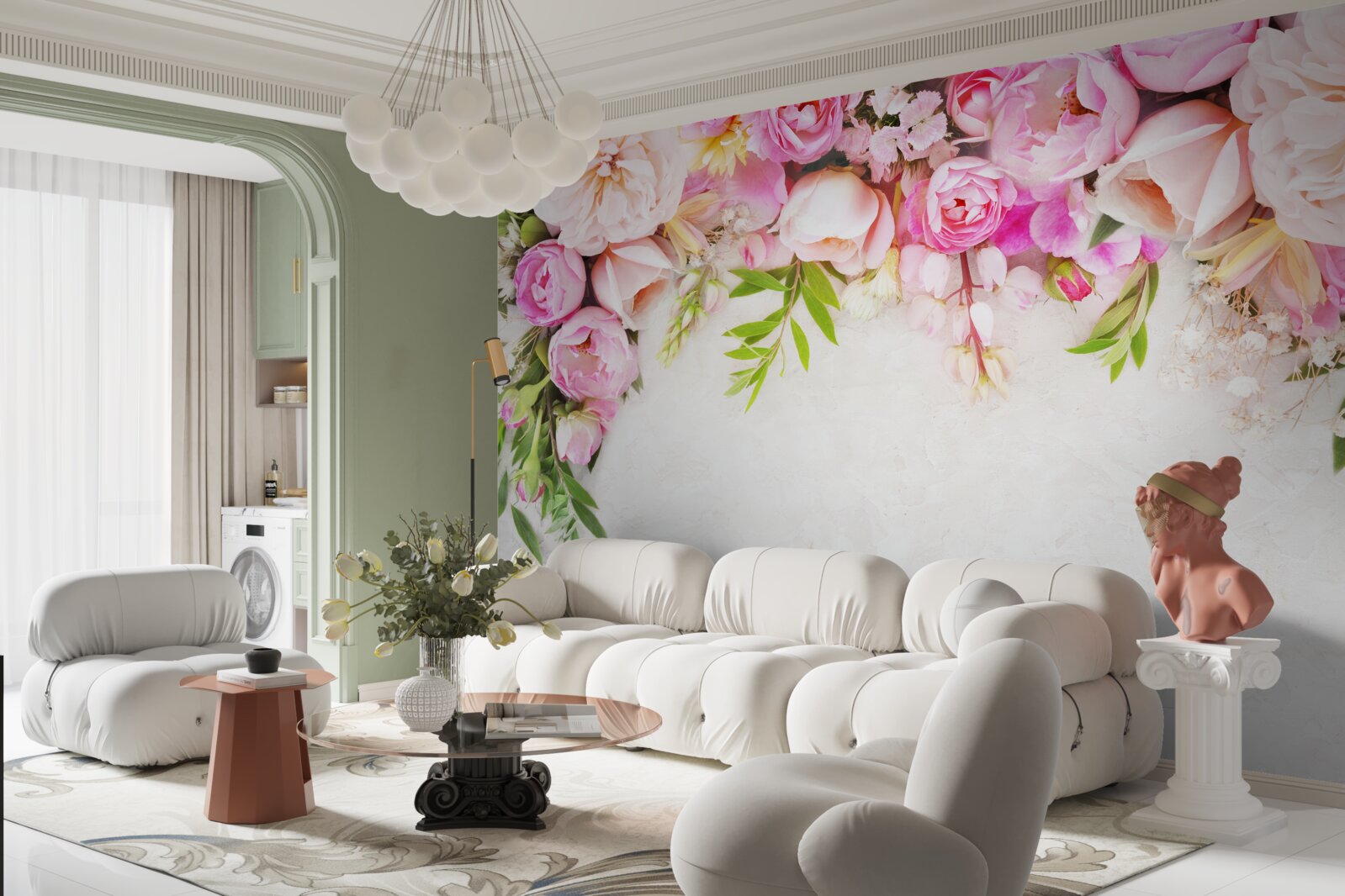 Carta da parati ramo con fiori bianchi e rosa