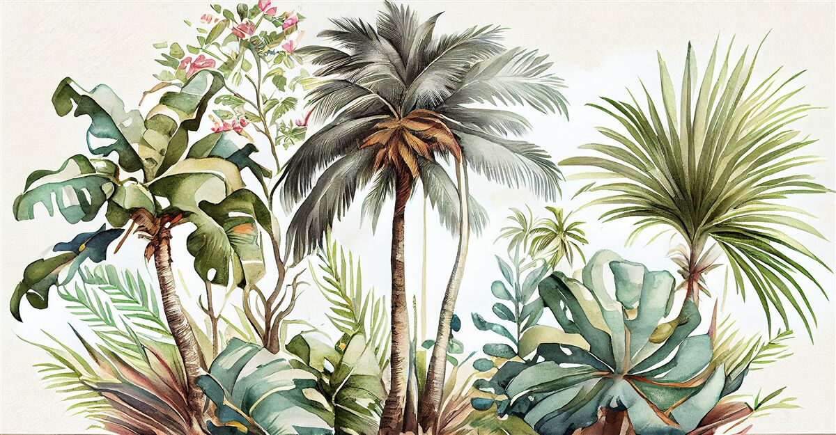 Carta da parati piante tropicali, tra cui le palme