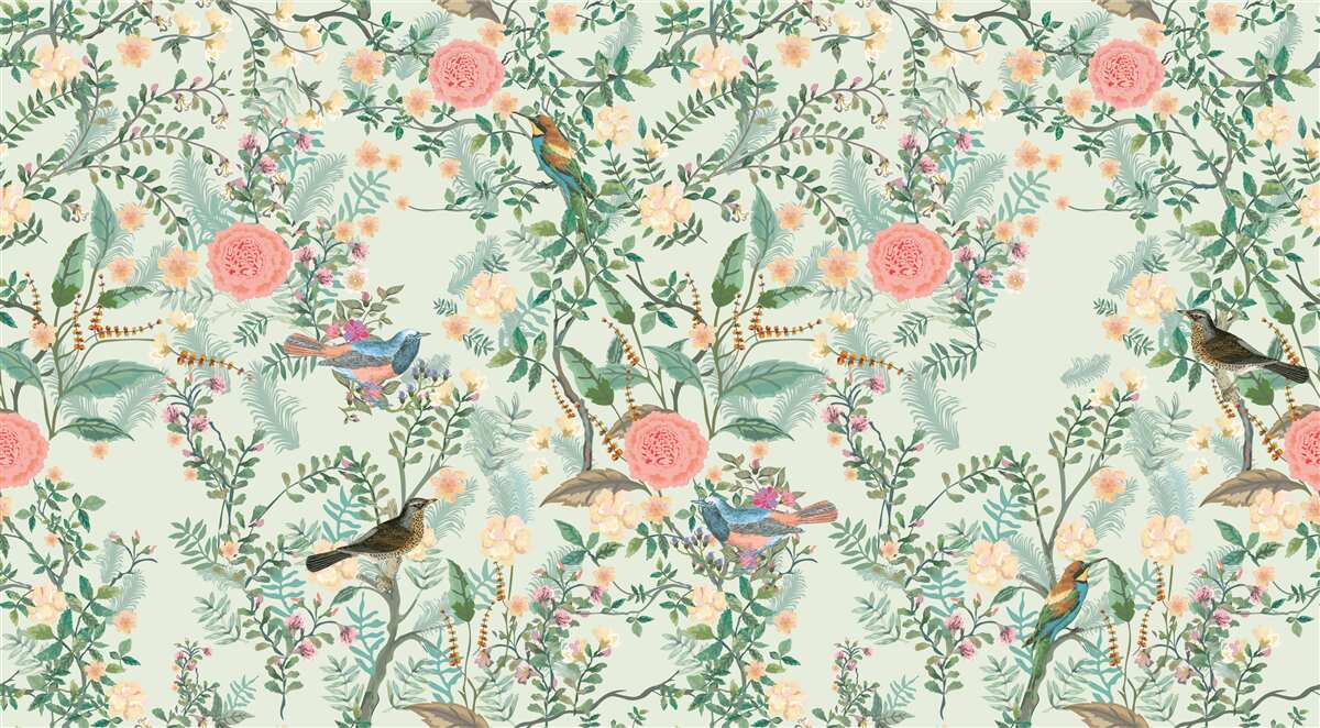 Carta da parati Flora verde e uccelli vivaci