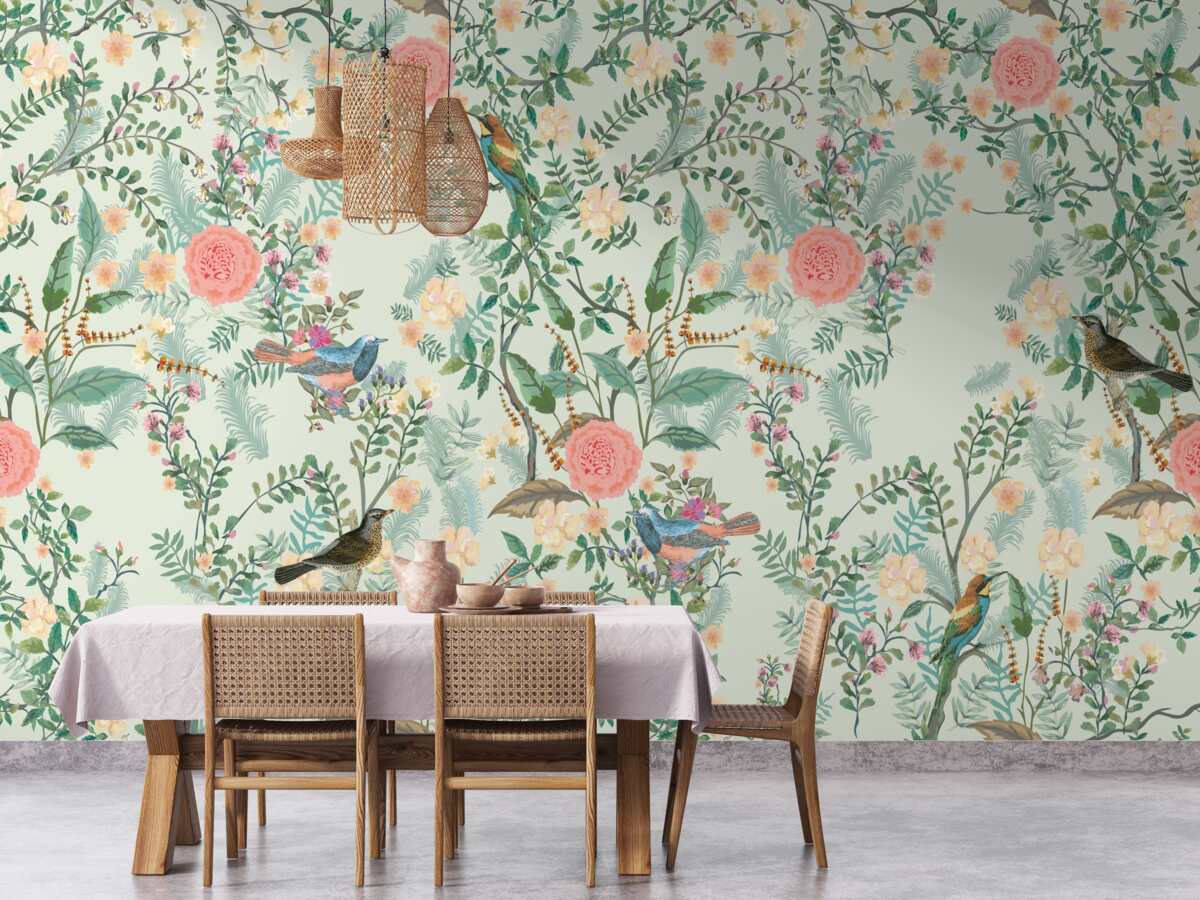 Carta da parati Flora verde e uccelli vivaci