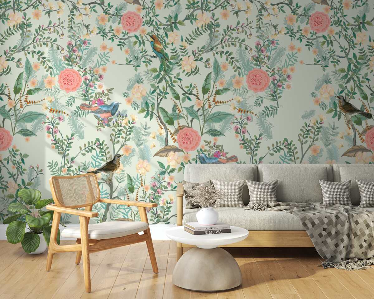 Carta da parati Flora verde e uccelli vivaci