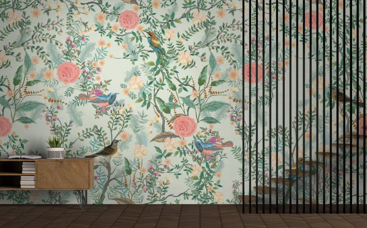 Carta da parati Flora verde e uccelli vivaci