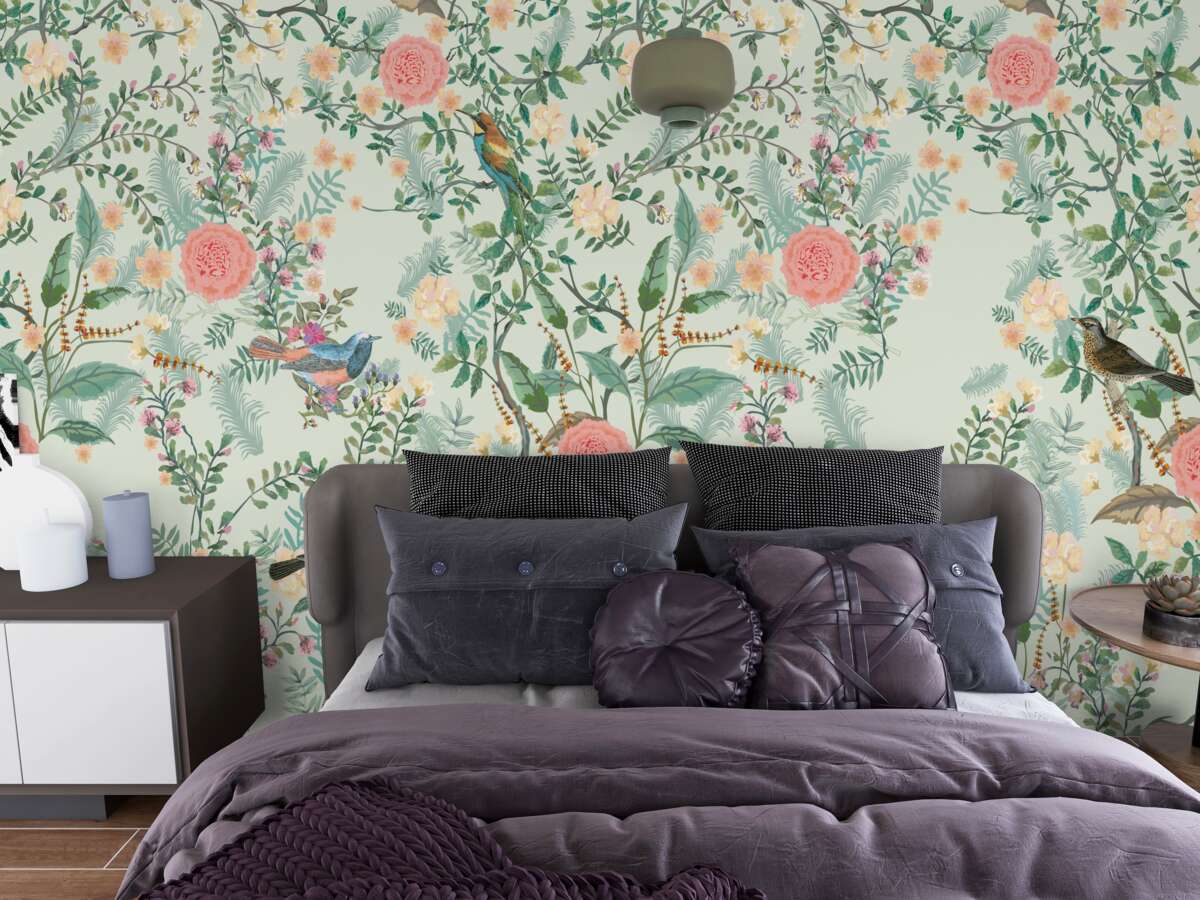 Carta da parati Flora verde e uccelli vivaci