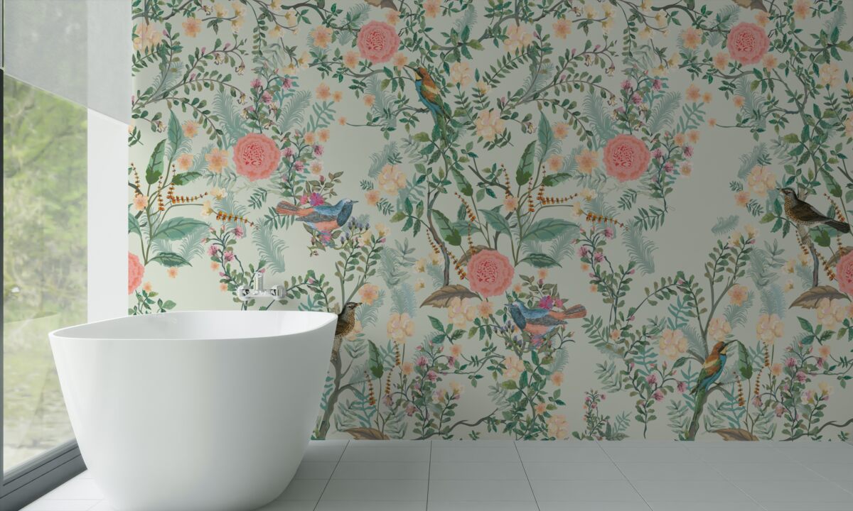 Carta da parati Flora verde e uccelli vivaci