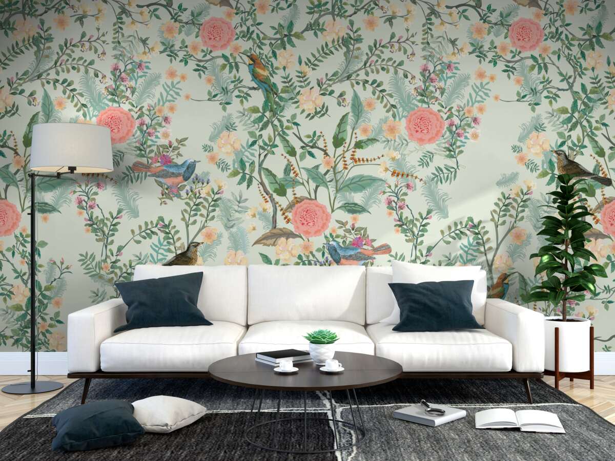 Carta da parati Flora verde e uccelli vivaci
