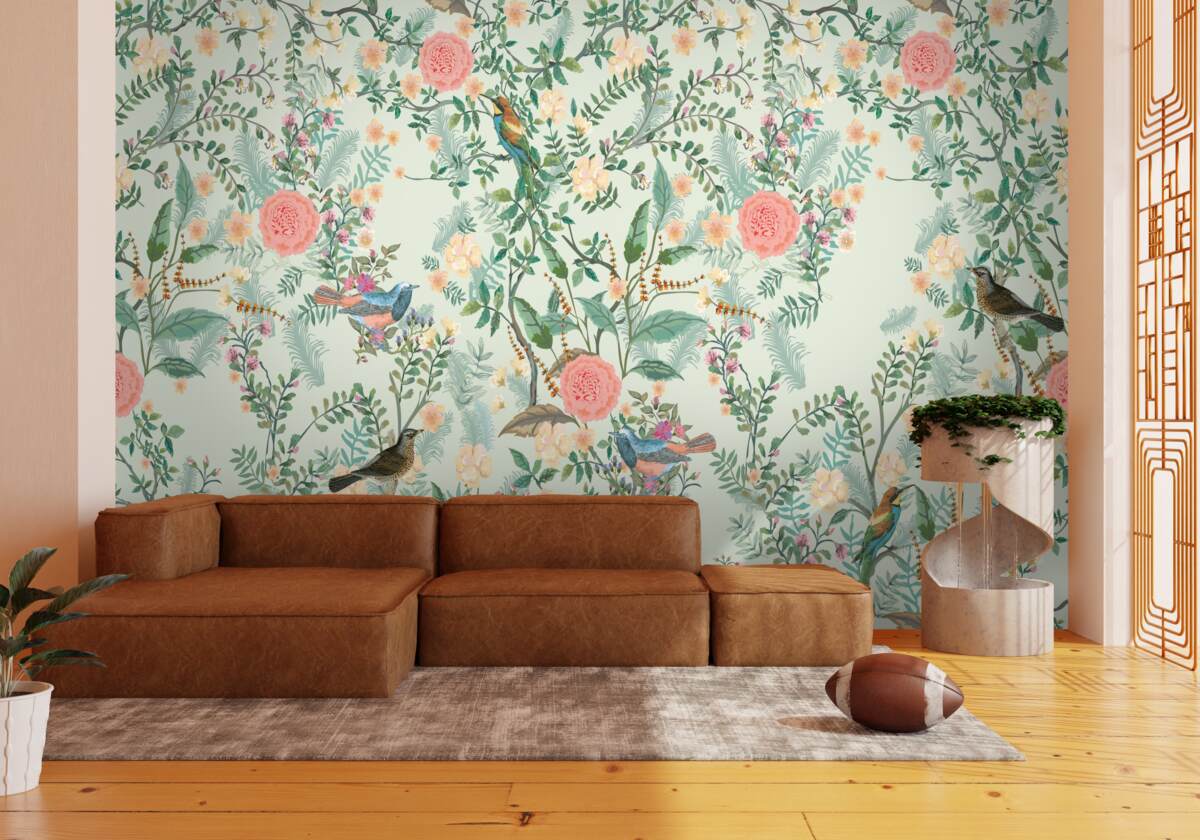 Carta da parati Flora verde e uccelli vivaci