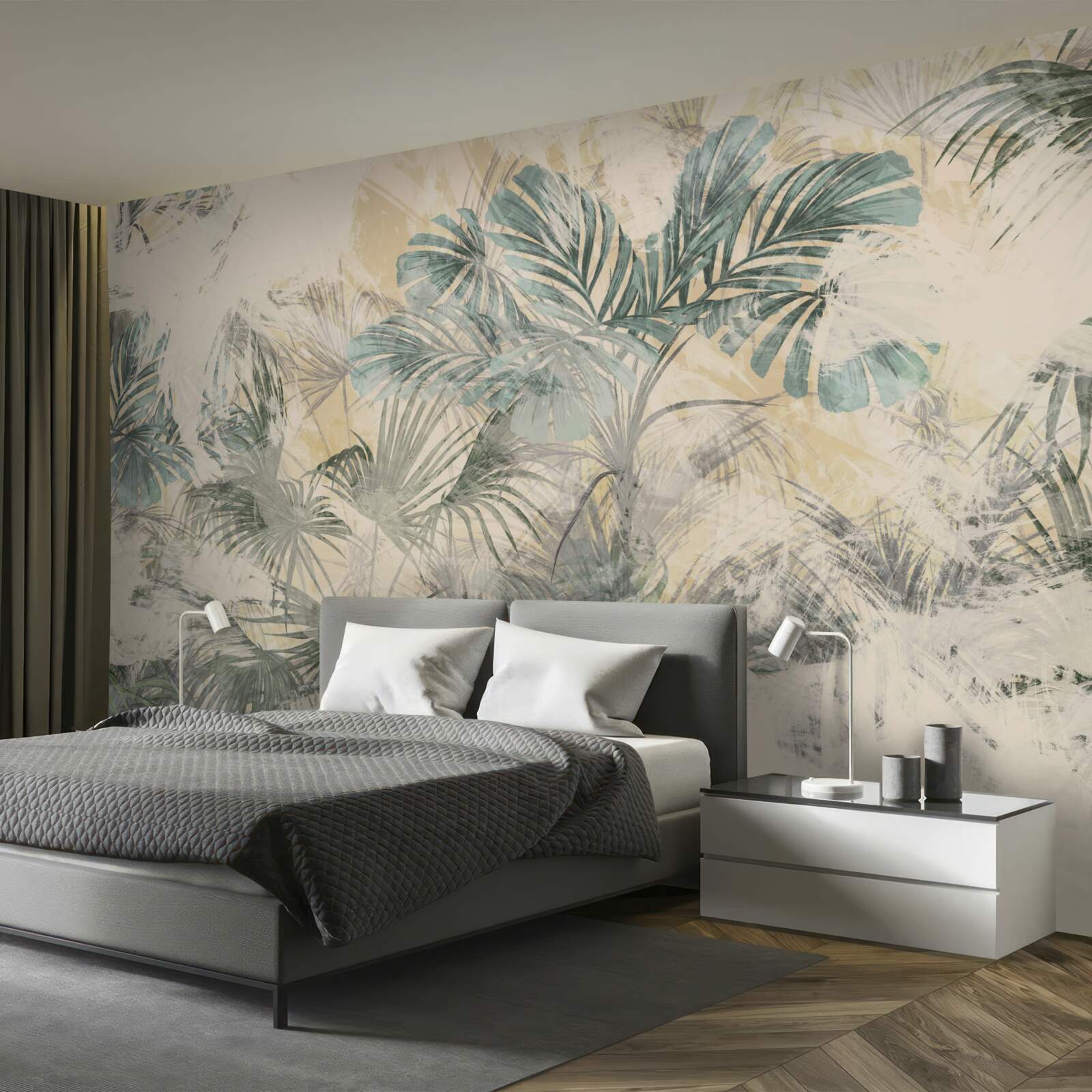 Carta da parati foglie di palma e monstera in verde