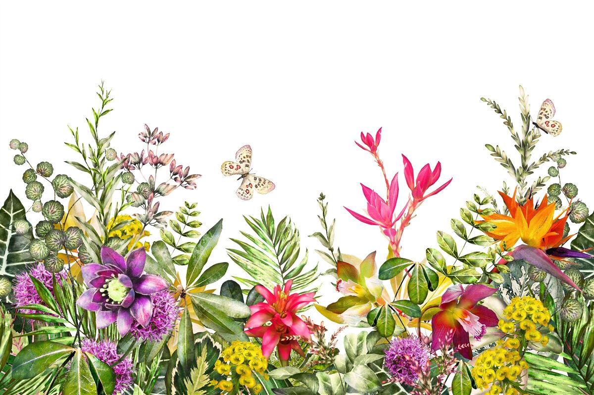 Carta da parati piante tropicali con colori estivi brillanti