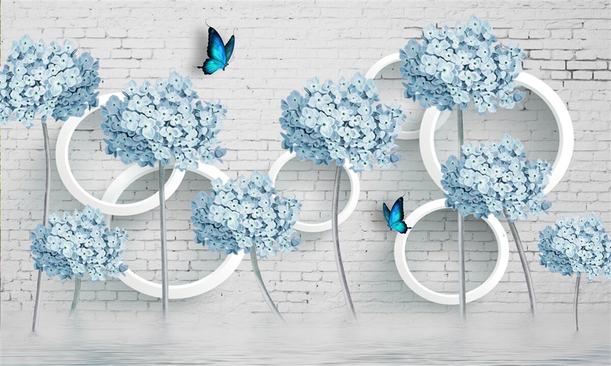 Carta da parati rami lilla con fiori blu su uno sfondo ambiguo