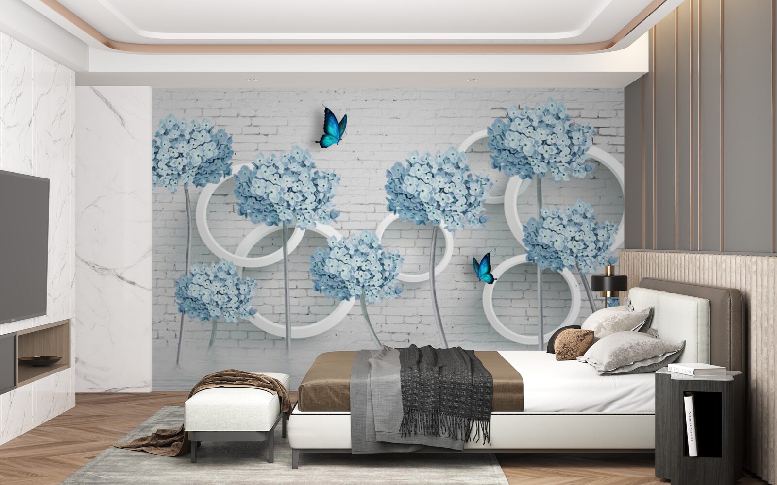 Carta da parati rami lilla con fiori blu su uno sfondo ambiguo